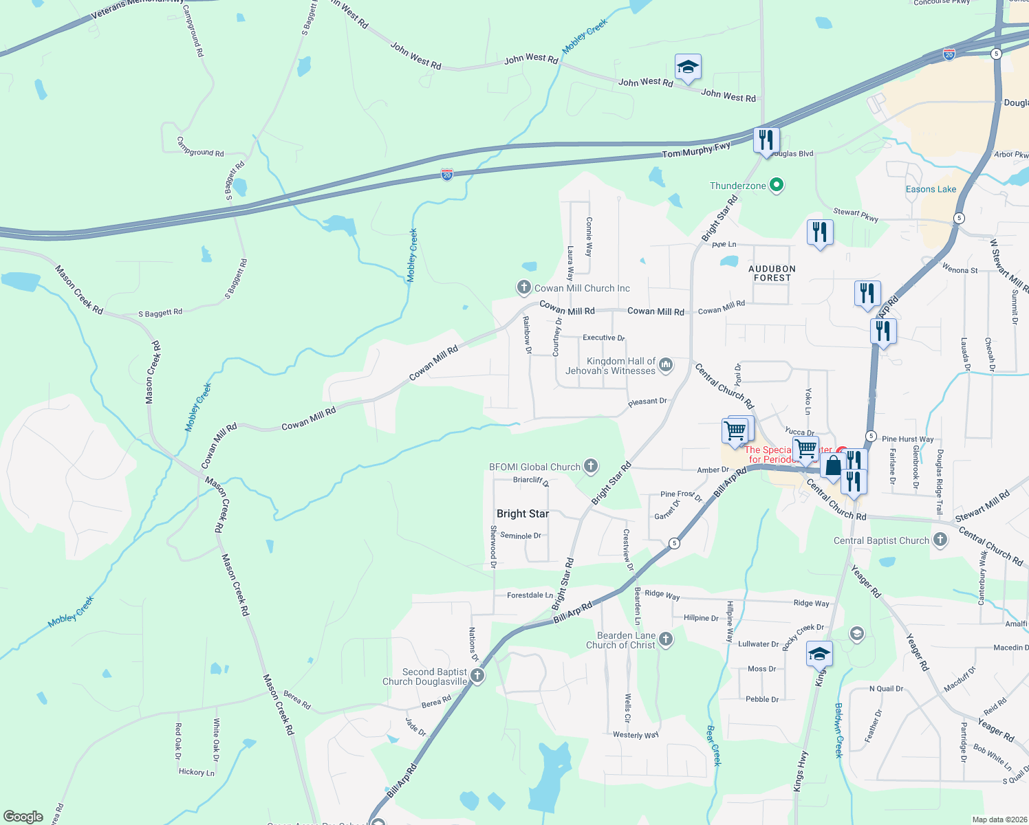 map of restaurants, bars, coffee shops, grocery stores, and more near 6646 Birchwood Court in Douglas County