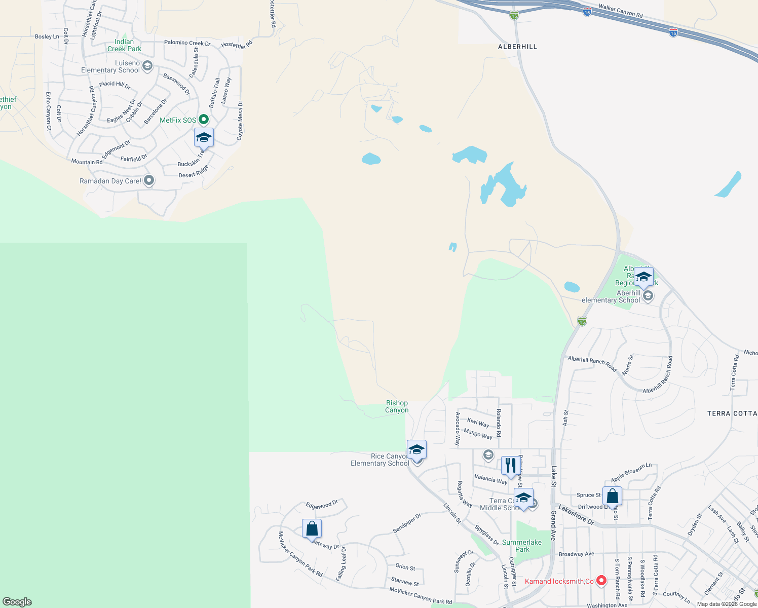 map of restaurants, bars, coffee shops, grocery stores, and more near Carver Lane in Lake Elsinore