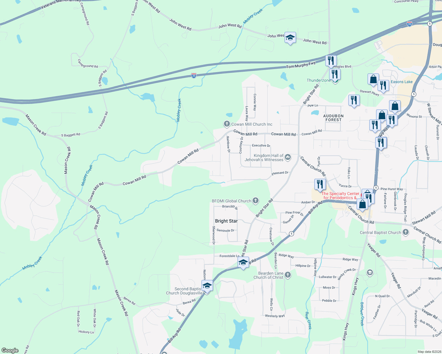 map of restaurants, bars, coffee shops, grocery stores, and more near 6646 Birchwood Court in Douglas County