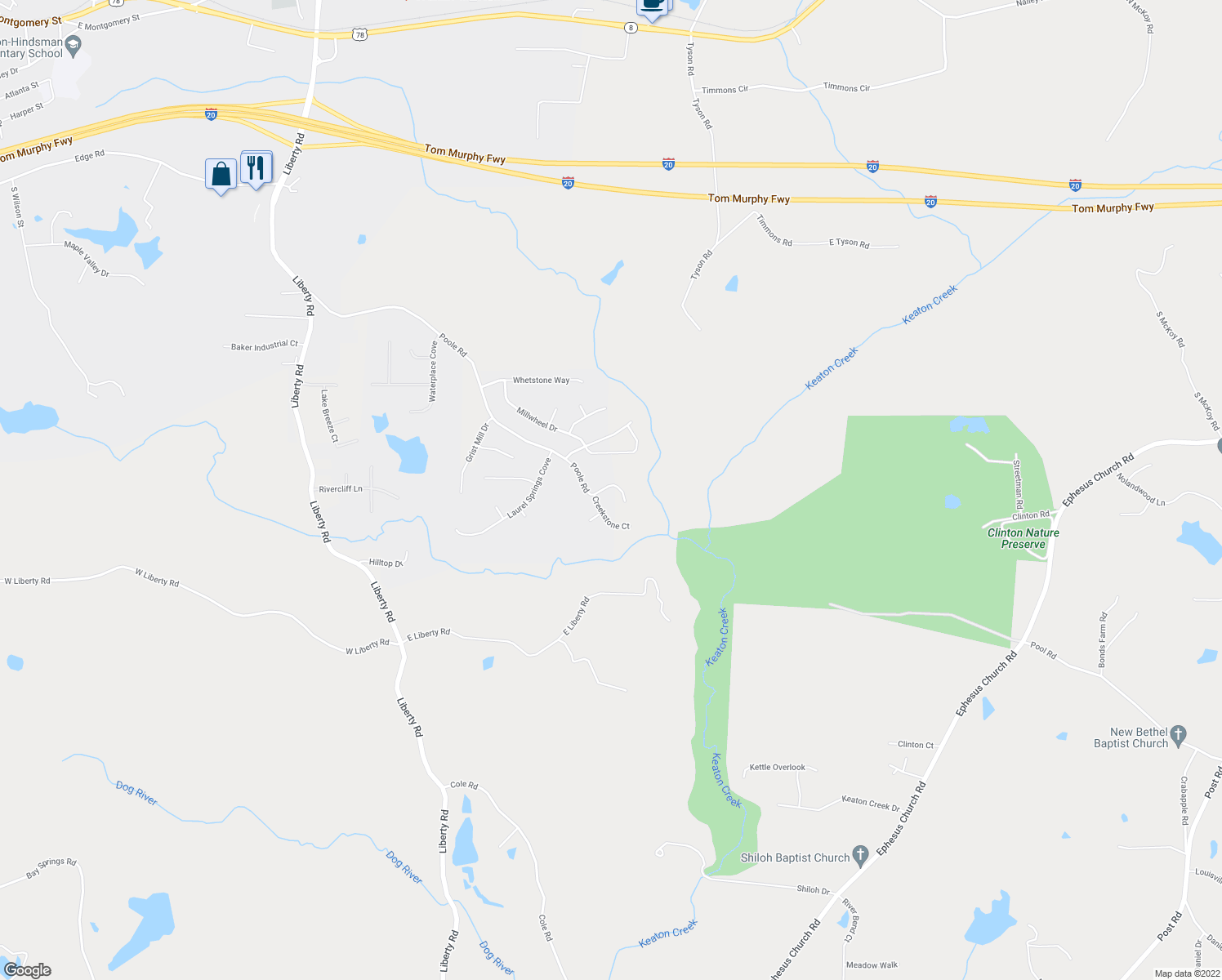 map of restaurants, bars, coffee shops, grocery stores, and more near 9460 Poole Road in Villa Rica