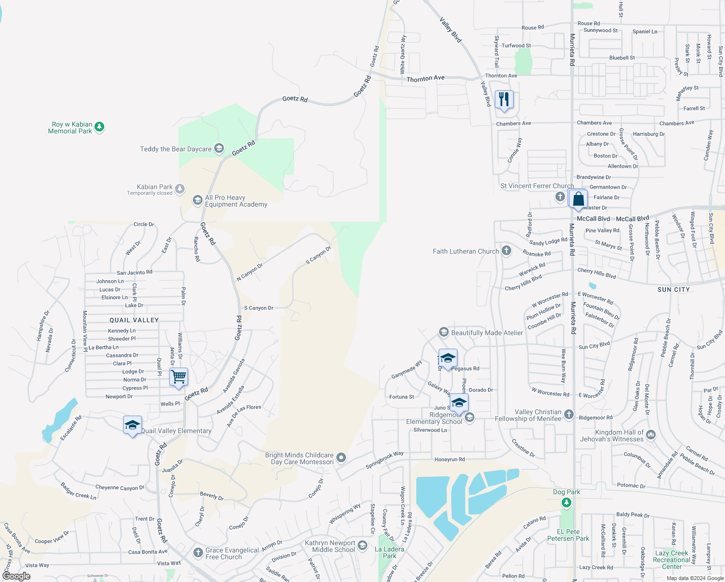 map of restaurants, bars, coffee shops, grocery stores, and more near Quail Circle in Menifee