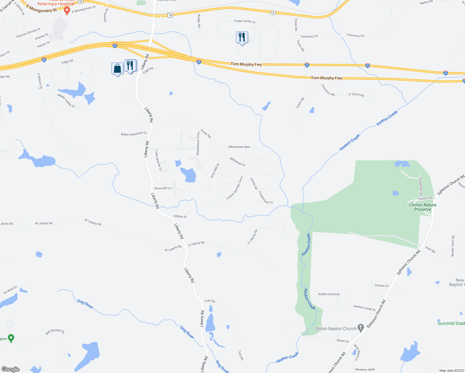 map of restaurants, bars, coffee shops, grocery stores, and more near 9440 Pebble Creek Court in Villa Rica