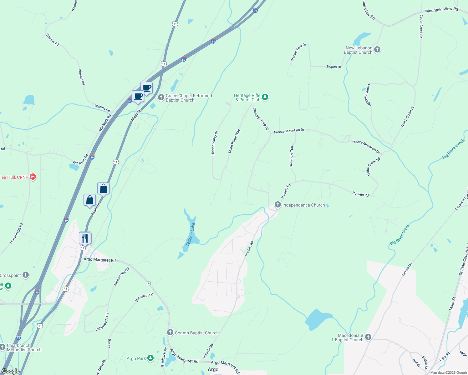map of restaurants, bars, coffee shops, grocery stores, and more near 125 Reece Lane in Odenville