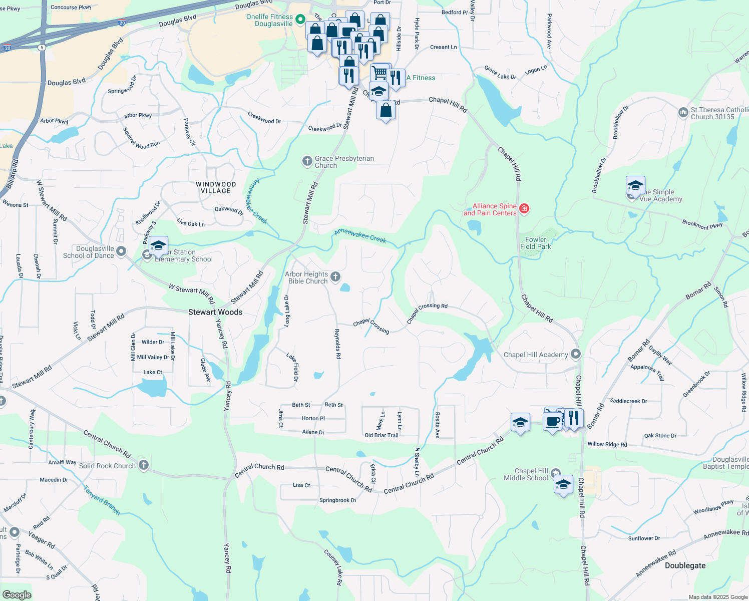 map of restaurants, bars, coffee shops, grocery stores, and more near 3502 Rain Tree Court in Douglasville