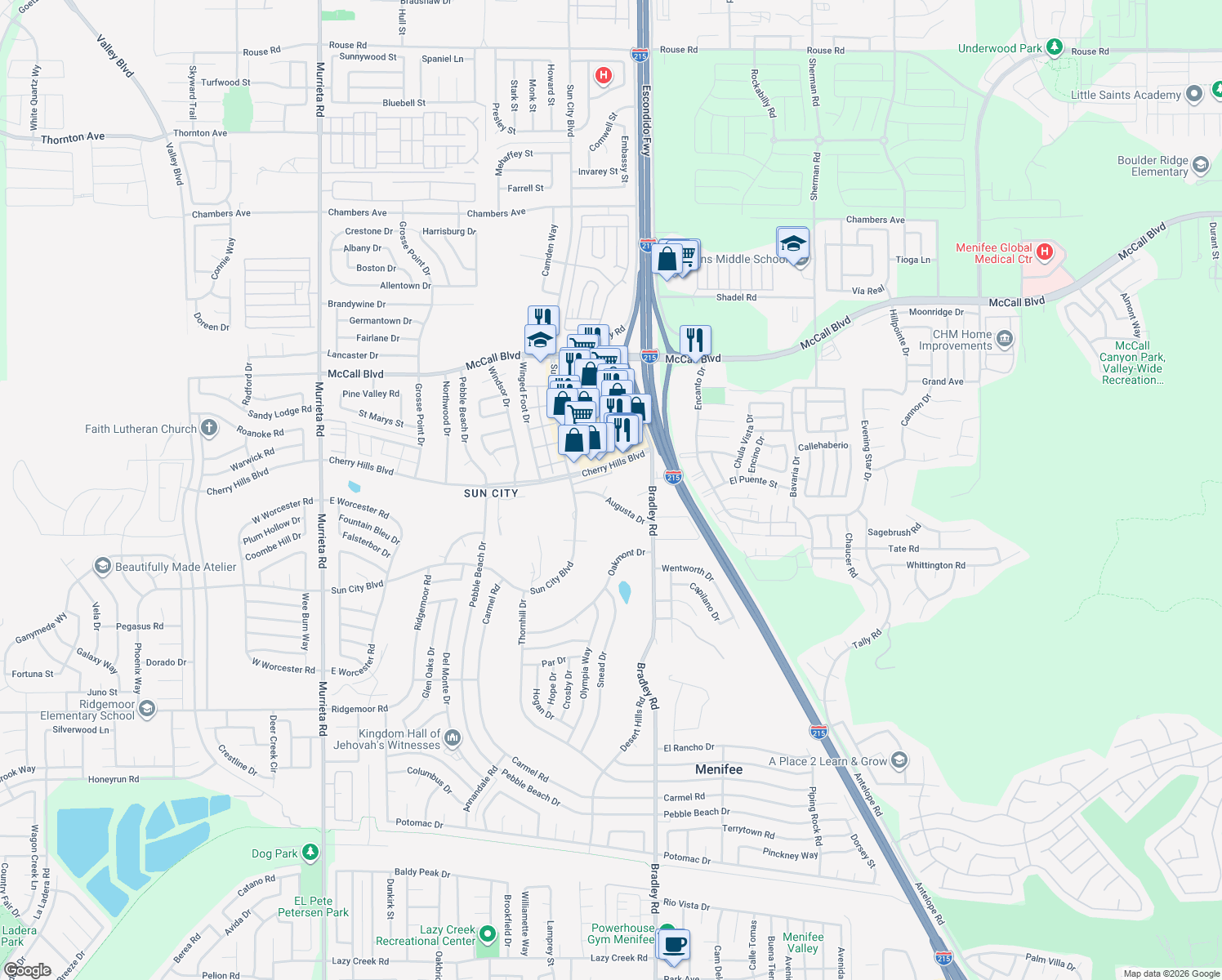 map of restaurants, bars, coffee shops, grocery stores, and more near 28320 Jones Court in Menifee