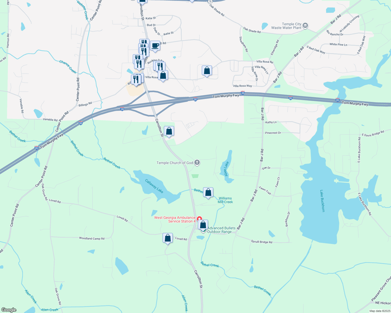 map of restaurants, bars, coffee shops, grocery stores, and more near 74 Country Place in Temple
