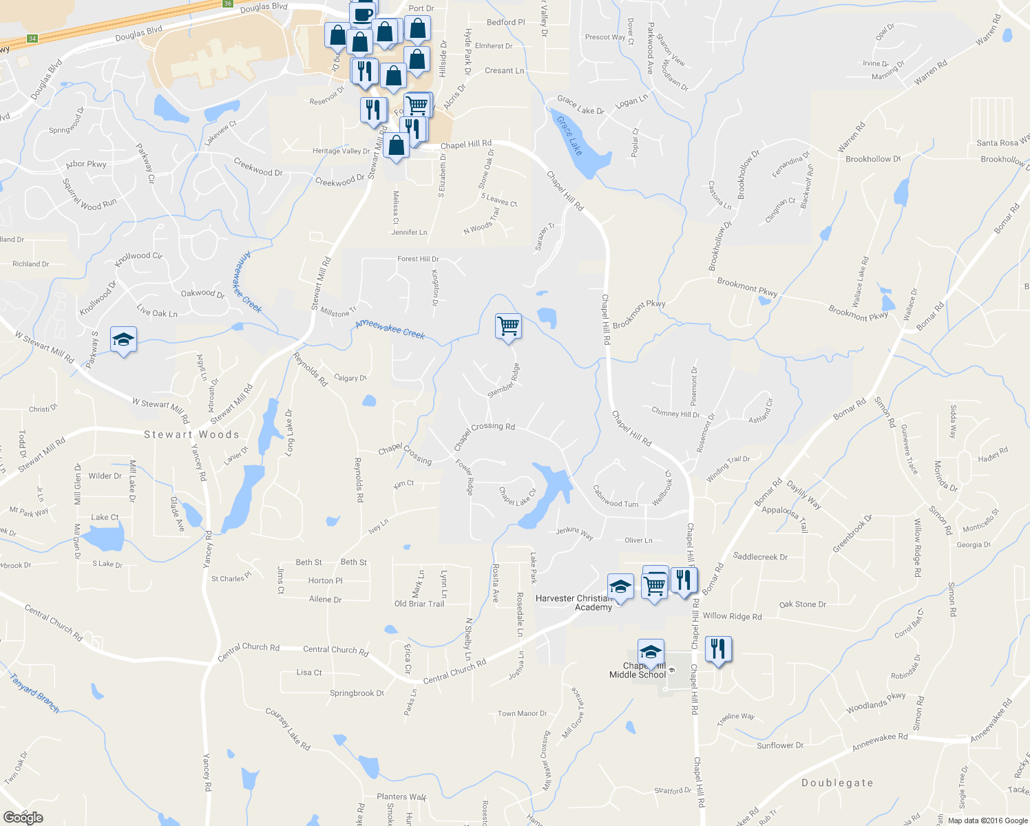 map of restaurants, bars, coffee shops, grocery stores, and more near 3544 Mekabe Court in Douglasville
