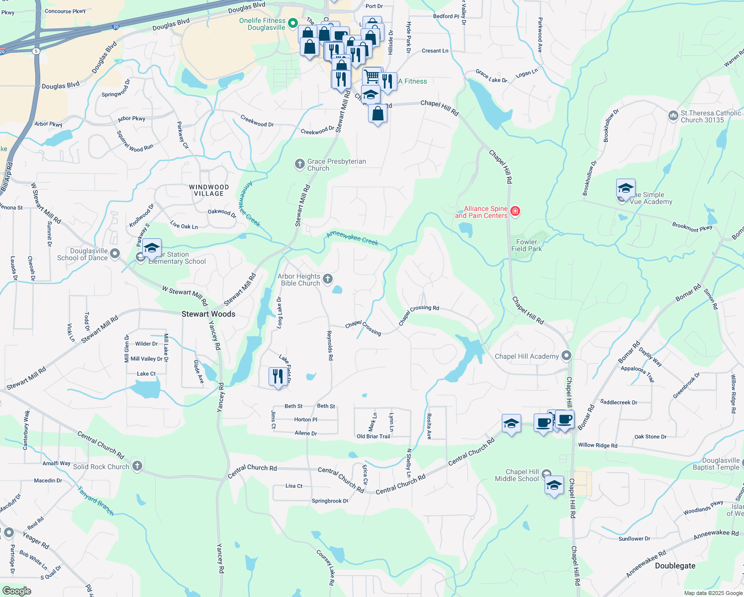 map of restaurants, bars, coffee shops, grocery stores, and more near 3502 Rain Tree Court in Douglasville