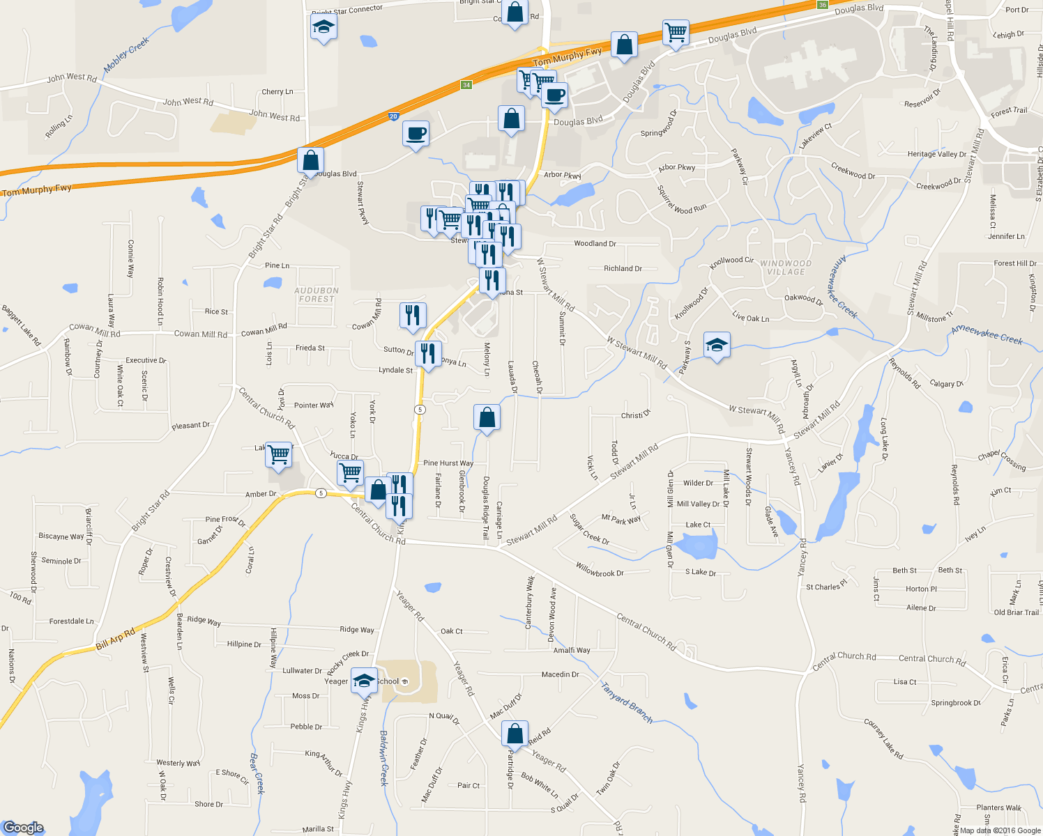 map of restaurants, bars, coffee shops, grocery stores, and more near 4027 Lauada Drive in Douglasville