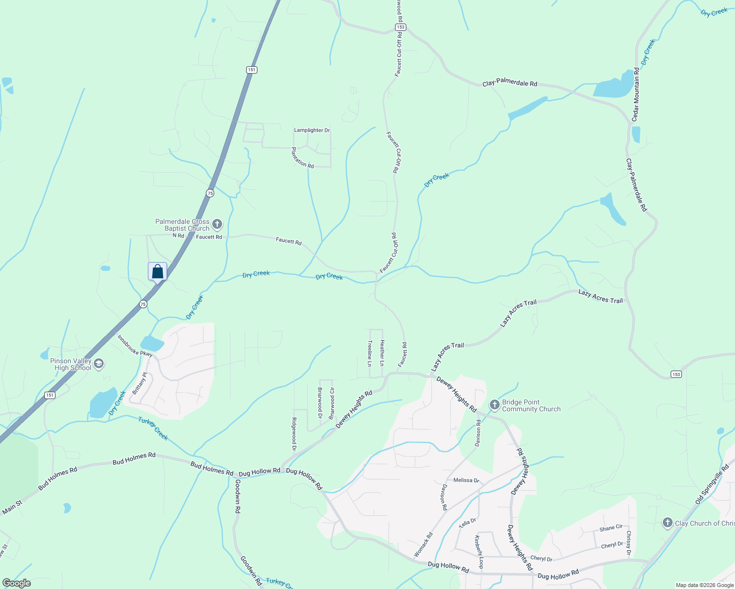 map of restaurants, bars, coffee shops, grocery stores, and more near 5301 Faucett Road in Pinson
