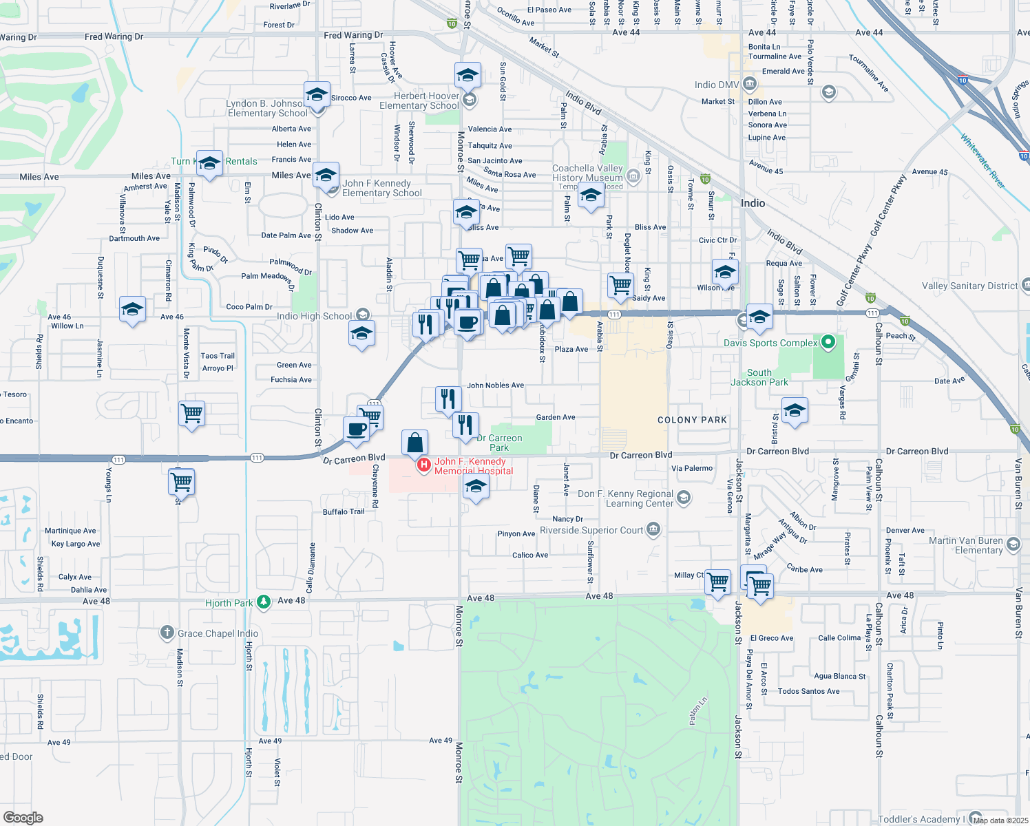 map of restaurants, bars, coffee shops, grocery stores, and more near 46740 Daisy Street in Indio