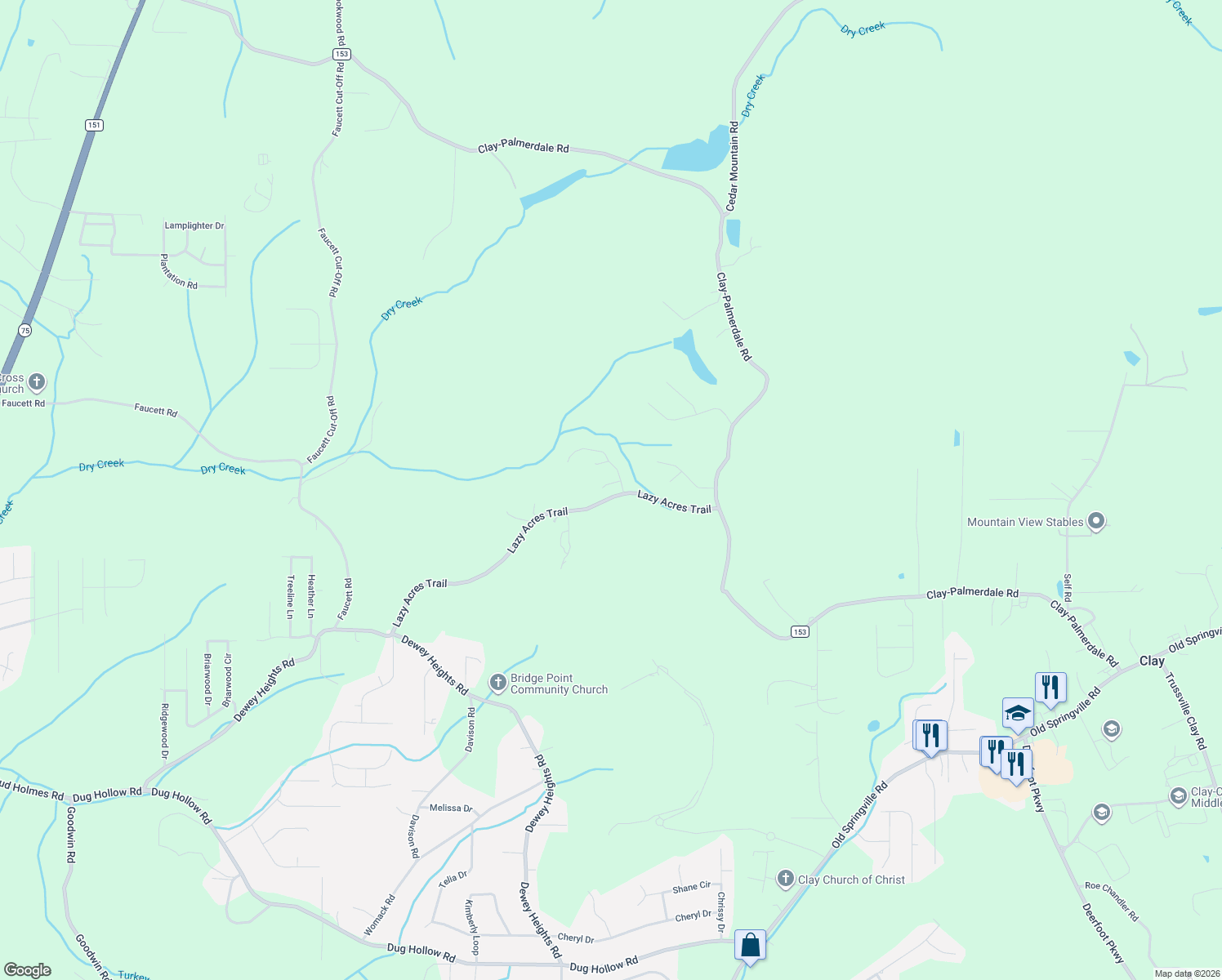 map of restaurants, bars, coffee shops, grocery stores, and more near 5820 Lazy Acres Trail in Pinson