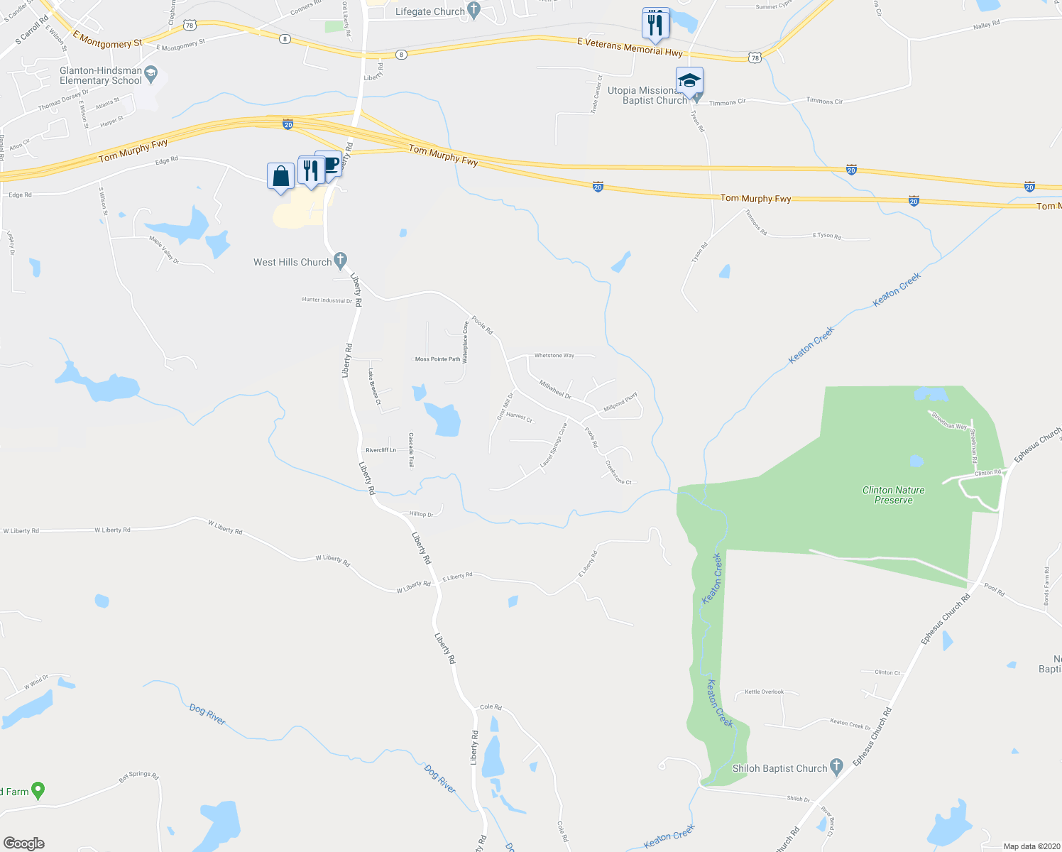 map of restaurants, bars, coffee shops, grocery stores, and more near 5114 Harvest Court in Villa Rica