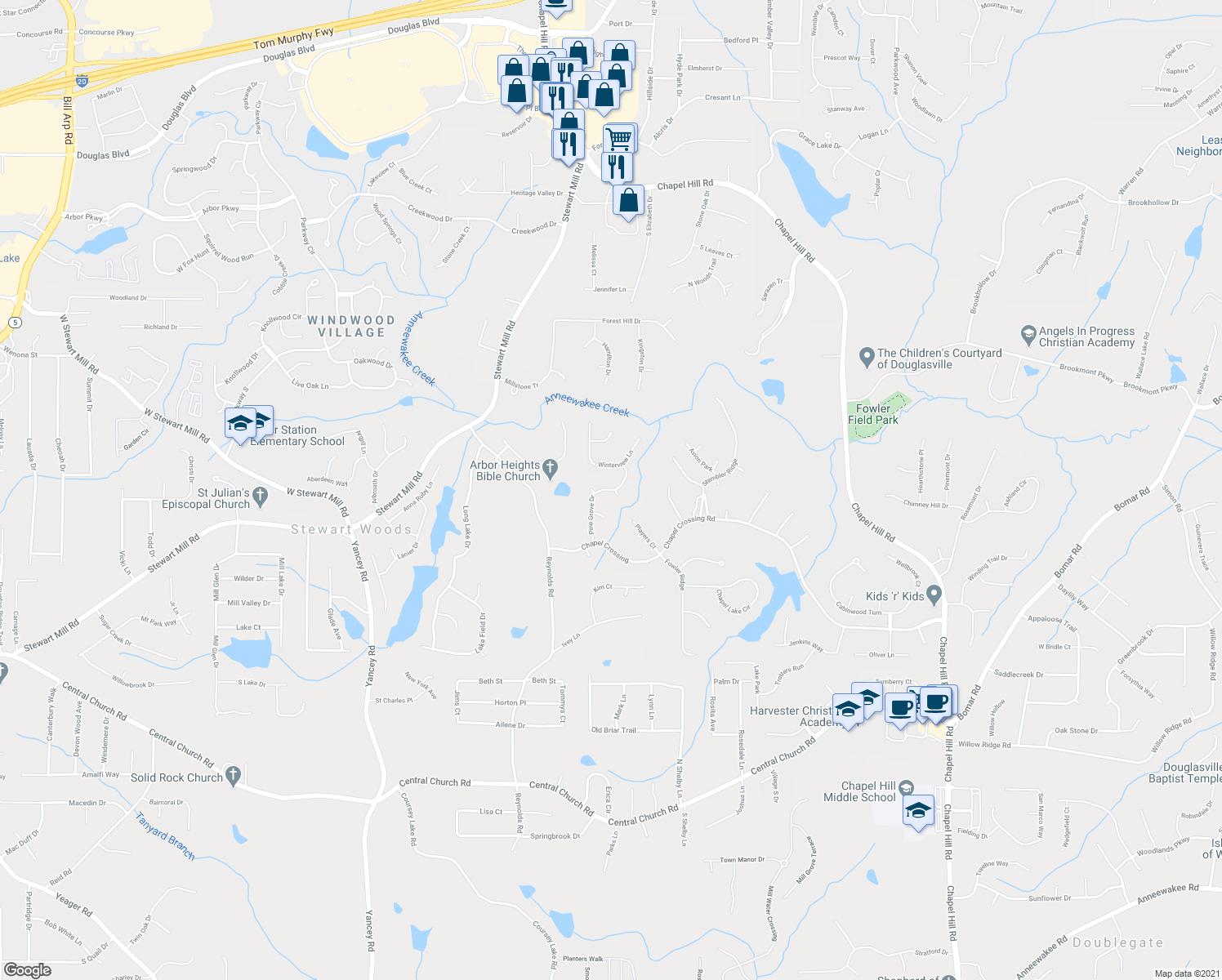 map of restaurants, bars, coffee shops, grocery stores, and more near 3503 Pine Grove Drive in Douglasville