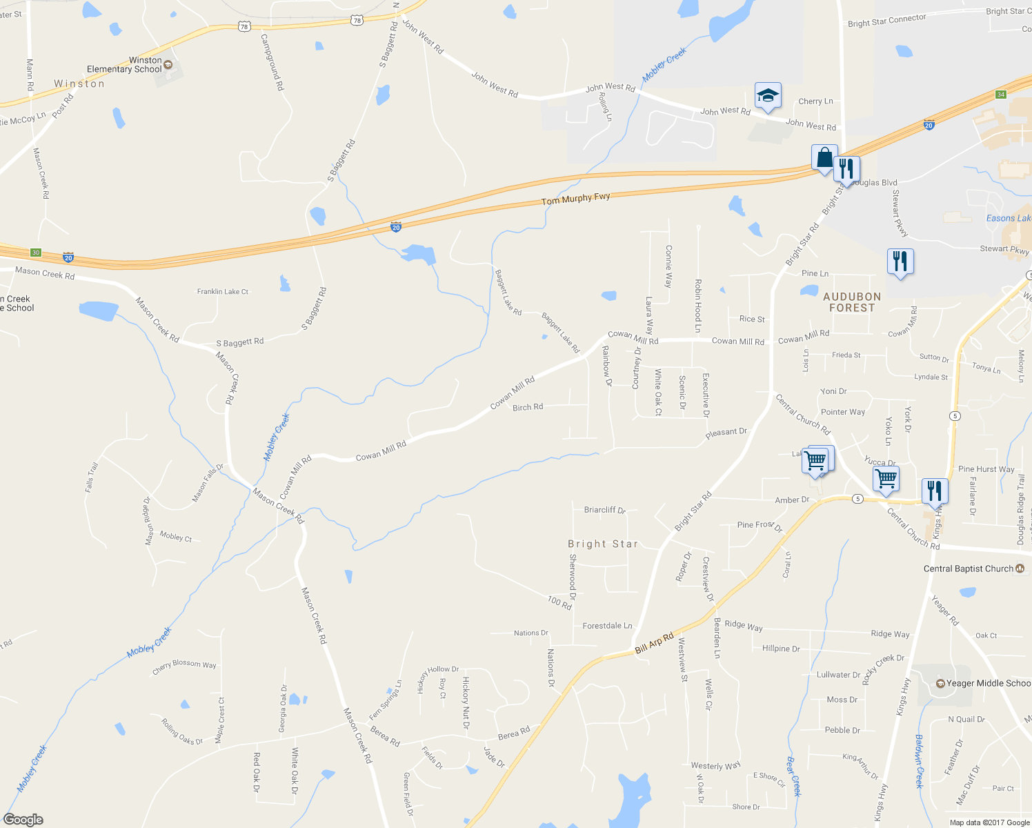 map of restaurants, bars, coffee shops, grocery stores, and more near 6788 Birch Road in Winston