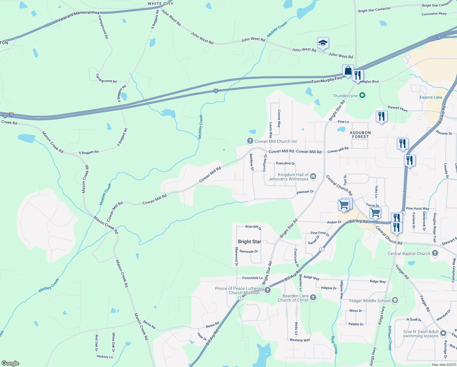 map of restaurants, bars, coffee shops, grocery stores, and more near 6715 Birch Road in Winston