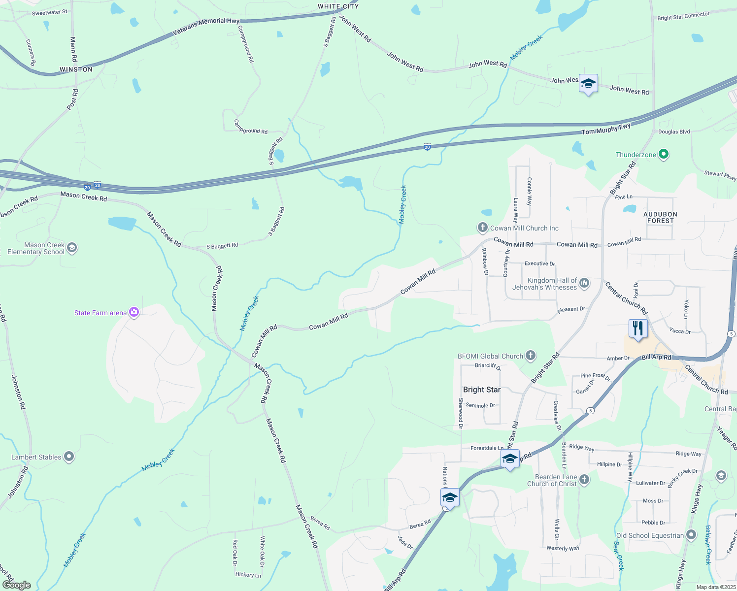 map of restaurants, bars, coffee shops, grocery stores, and more near 3520 Cowan Ridge Drive in Winston