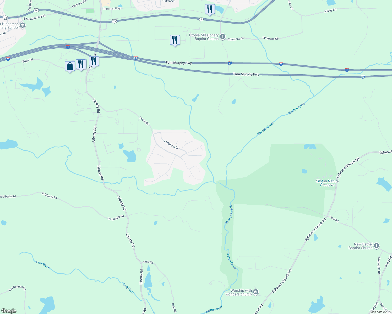 map of restaurants, bars, coffee shops, grocery stores, and more near 215 Millwheel Drive in Villa Rica