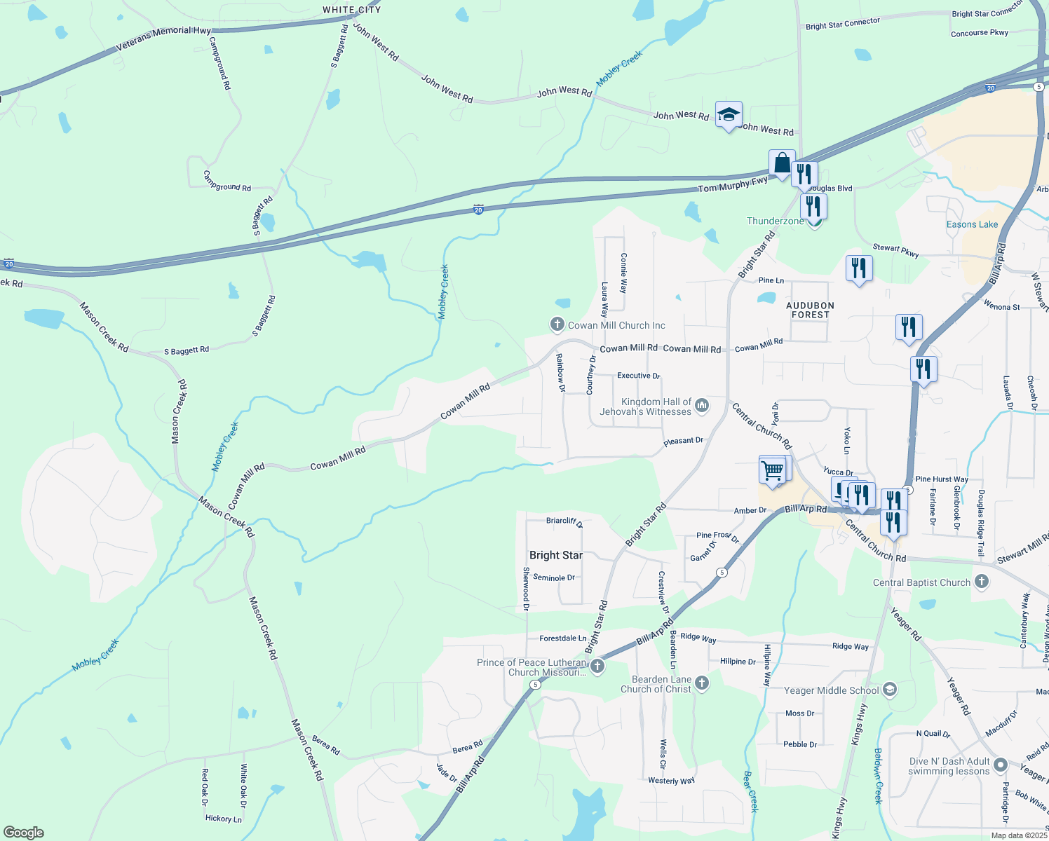 map of restaurants, bars, coffee shops, grocery stores, and more near 6669 Birch Road in Winston