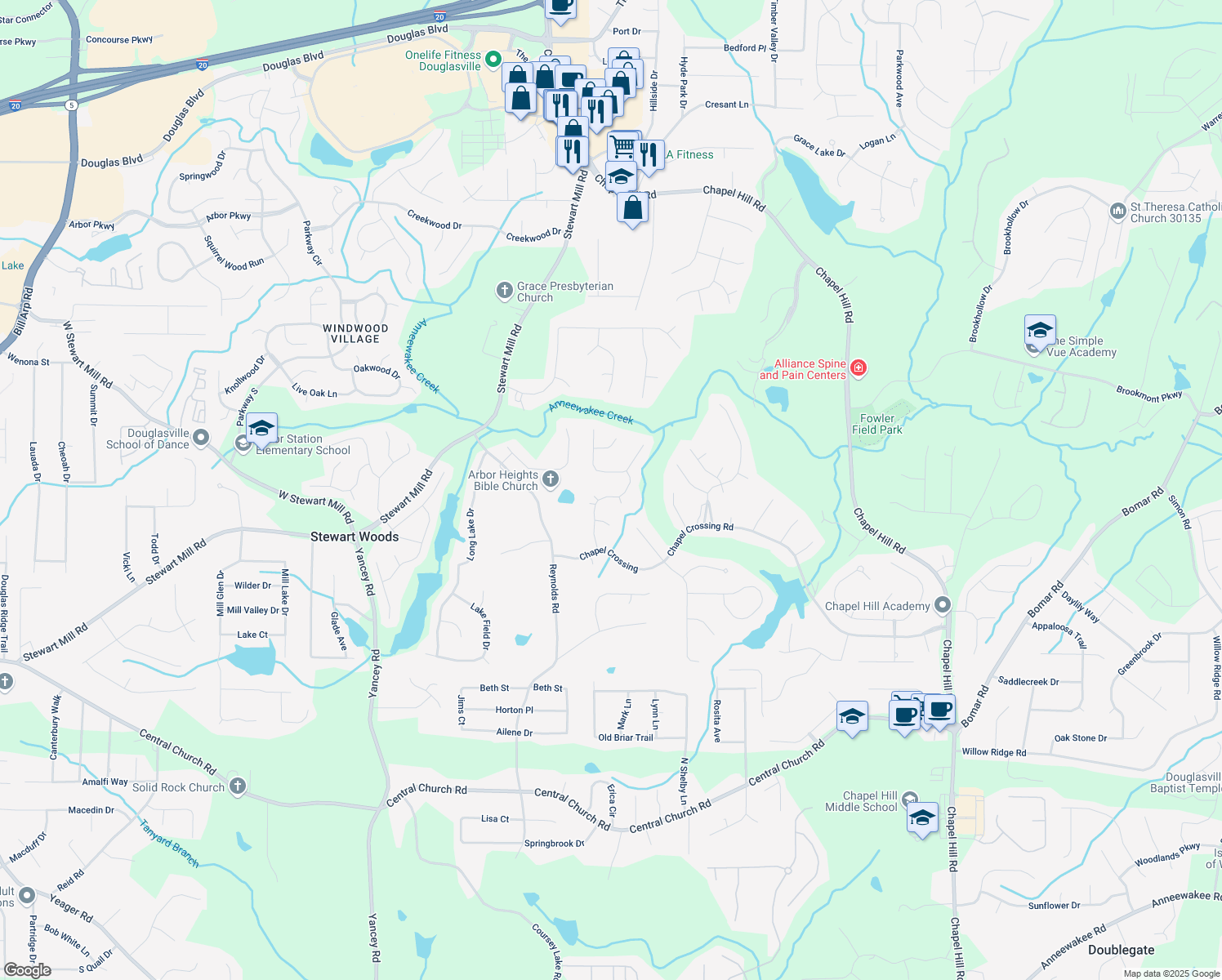 map of restaurants, bars, coffee shops, grocery stores, and more near 3503 Pine Grove Drive in Douglasville