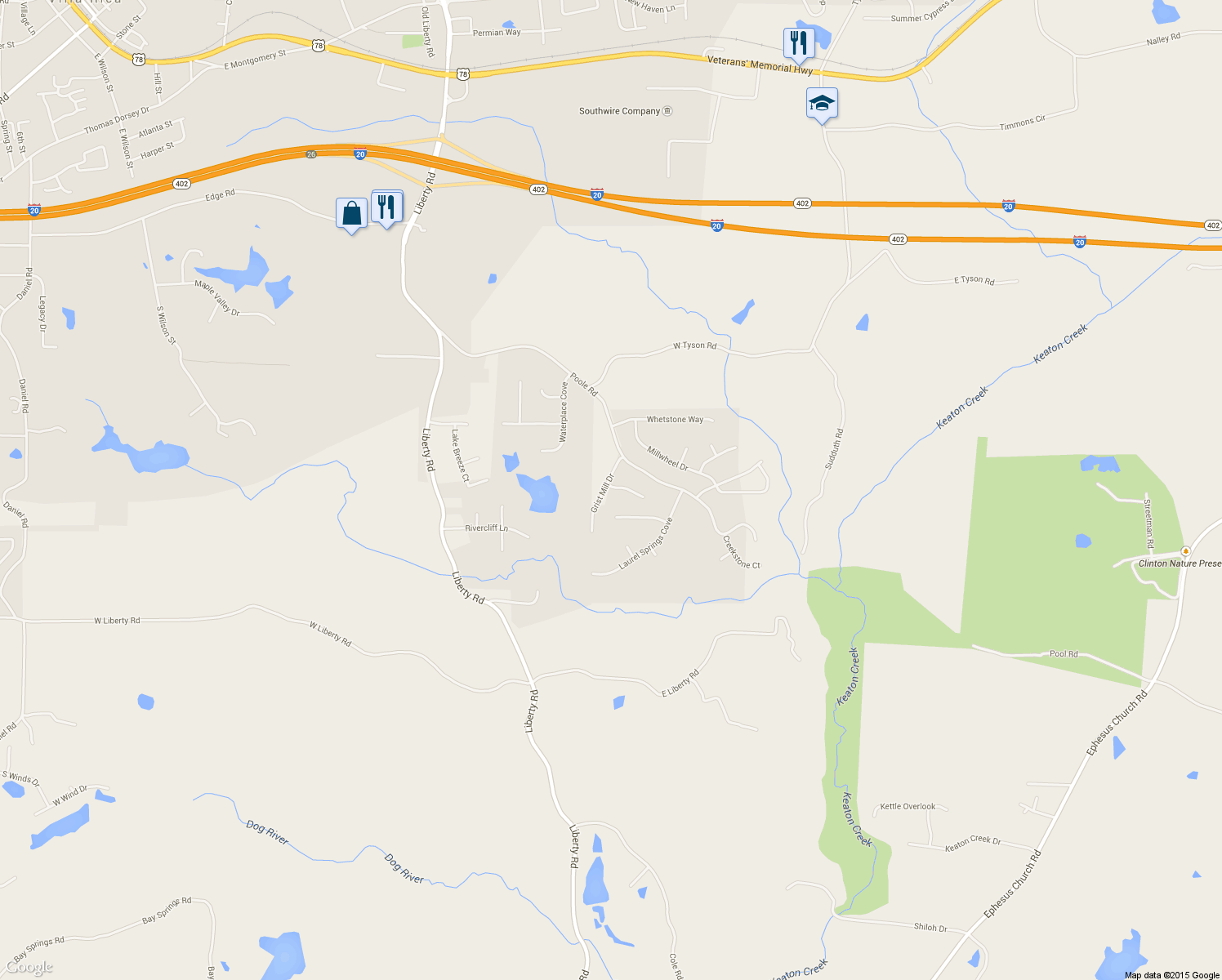 map of restaurants, bars, coffee shops, grocery stores, and more near 5012 Grist Mill Drive in Villa Rica