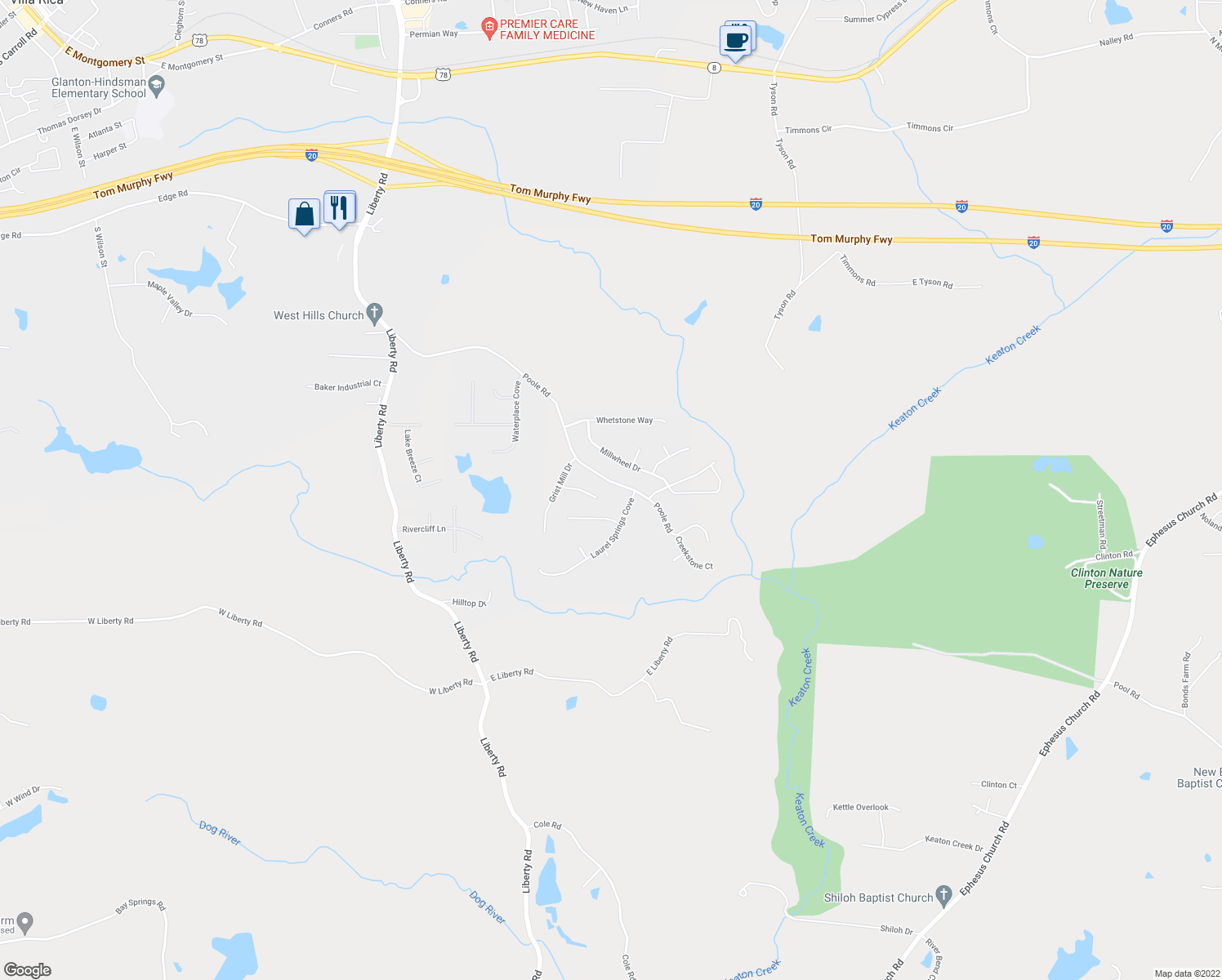 map of restaurants, bars, coffee shops, grocery stores, and more near 9620 Poole Road in Villa Rica