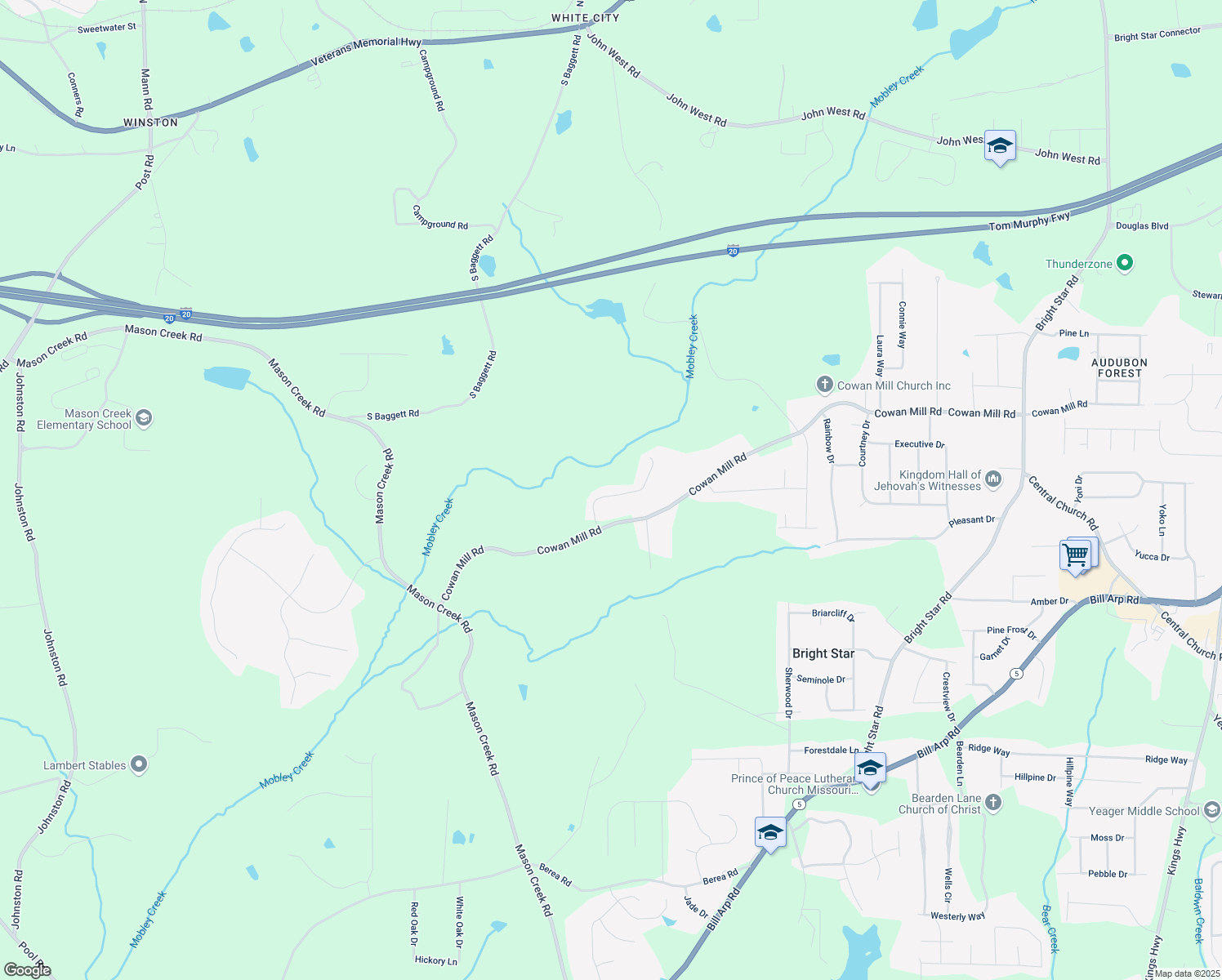 map of restaurants, bars, coffee shops, grocery stores, and more near 3545 Cowan Ridge Drive in Winston