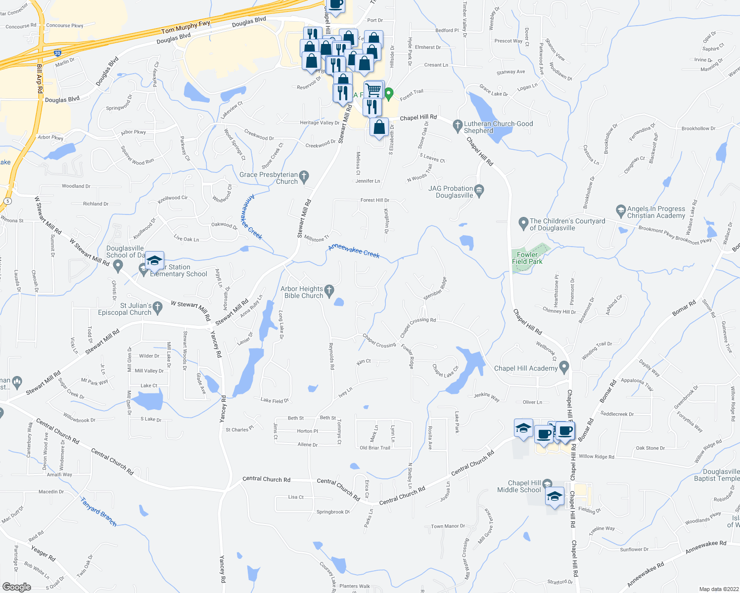 map of restaurants, bars, coffee shops, grocery stores, and more near 3497 Pine Grove Drive in Douglasville