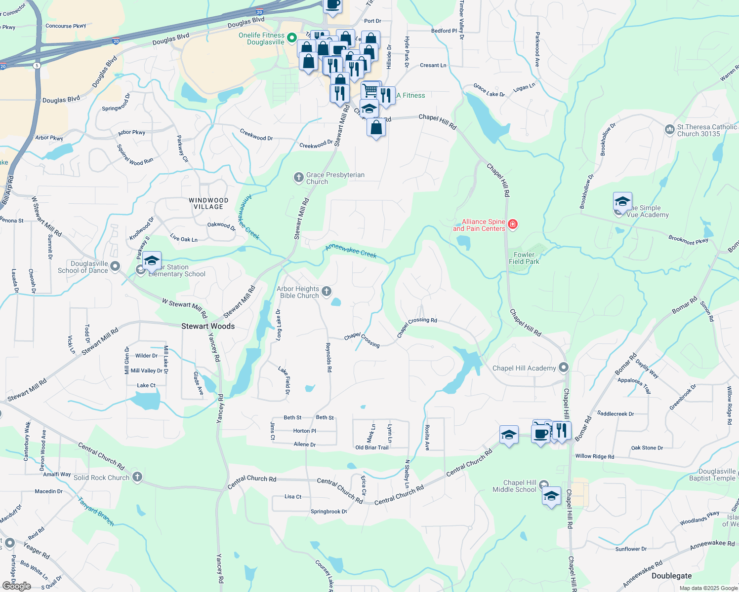 map of restaurants, bars, coffee shops, grocery stores, and more near 3491 Pine Grove Drive in Douglasville
