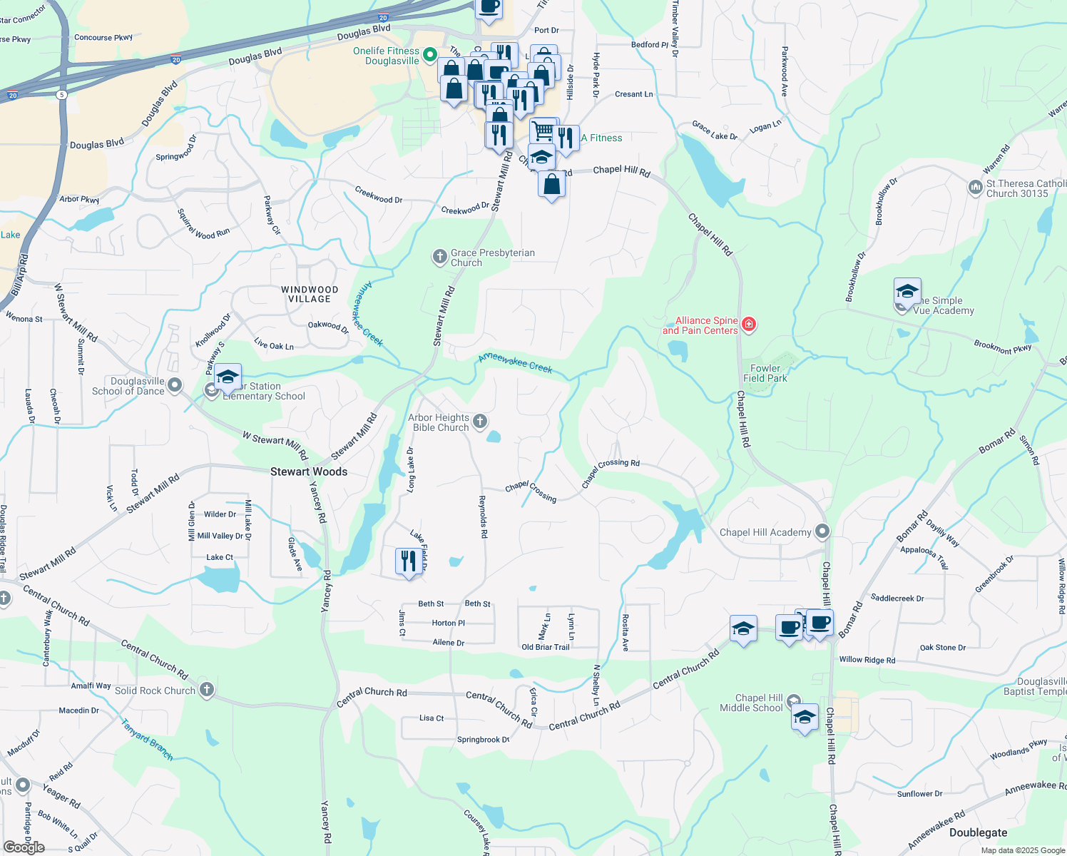 map of restaurants, bars, coffee shops, grocery stores, and more near 3503 Pine Grove Drive in Douglasville