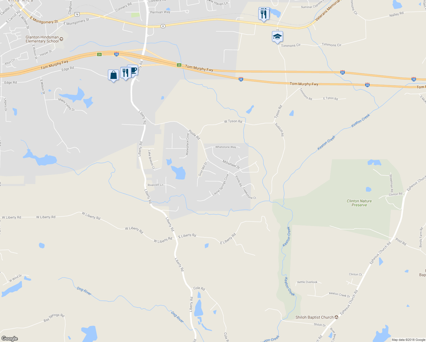 map of restaurants, bars, coffee shops, grocery stores, and more near 5111 Harvest Court in Villa Rica