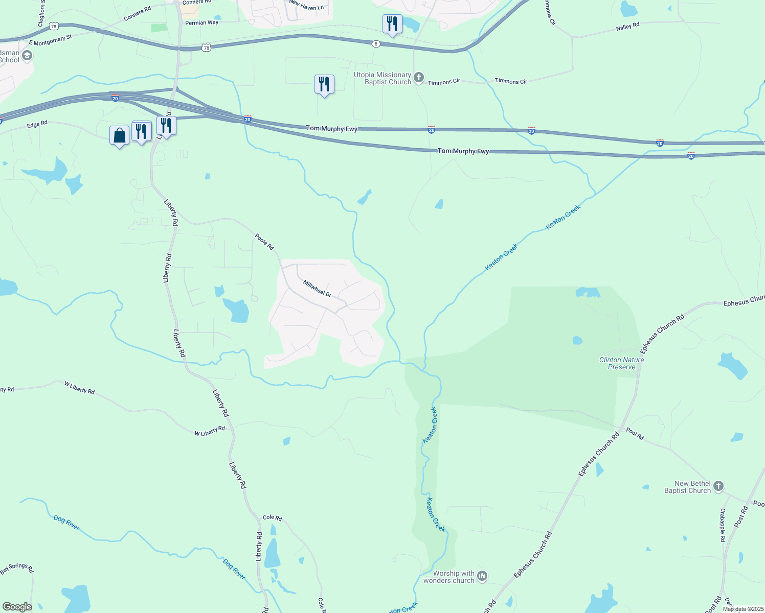 map of restaurants, bars, coffee shops, grocery stores, and more near 229 Millwheel Drive in Villa Rica