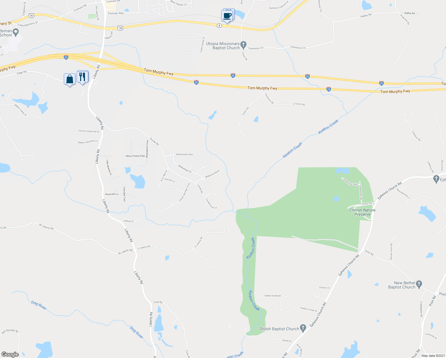 map of restaurants, bars, coffee shops, grocery stores, and more near 229 Millwheel Drive in Villa Rica