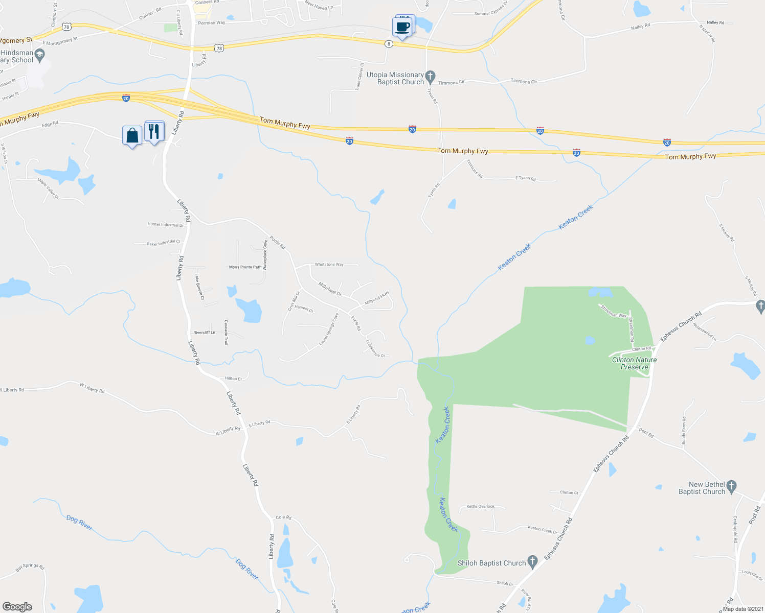 map of restaurants, bars, coffee shops, grocery stores, and more near 218 Millwheel Drive in Villa Rica