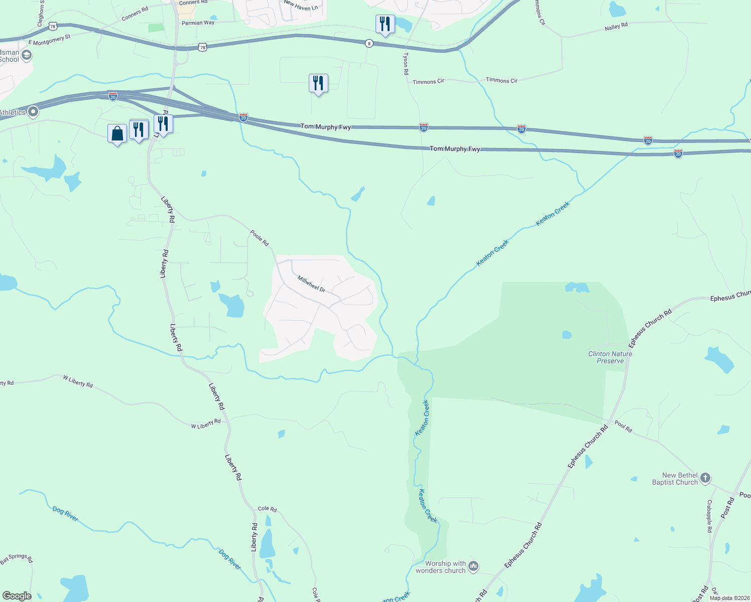 map of restaurants, bars, coffee shops, grocery stores, and more near 229 Millwheel Drive in Villa Rica