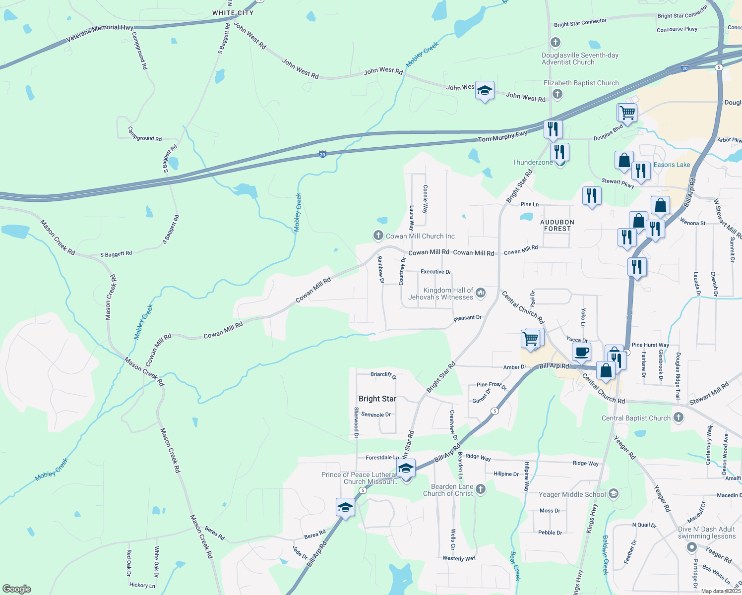 map of restaurants, bars, coffee shops, grocery stores, and more near 3491 Birchwood Drive in Winston