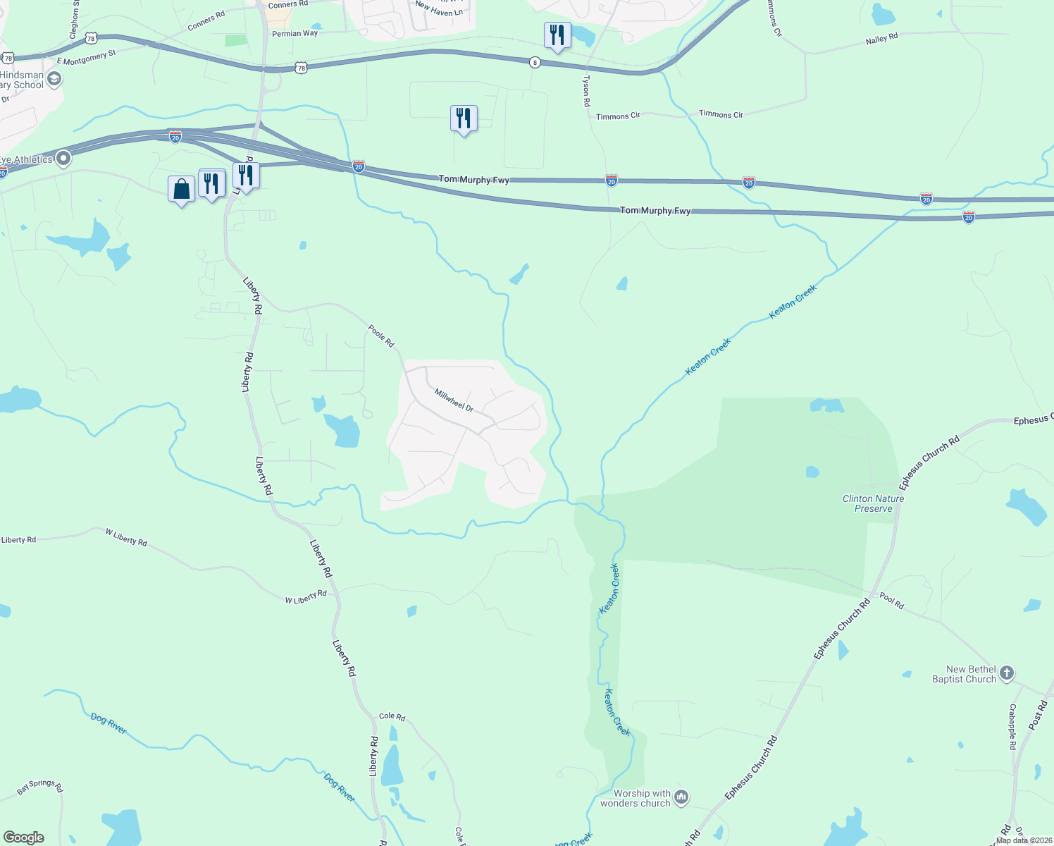map of restaurants, bars, coffee shops, grocery stores, and more near 218 Millwheel Drive in Villa Rica
