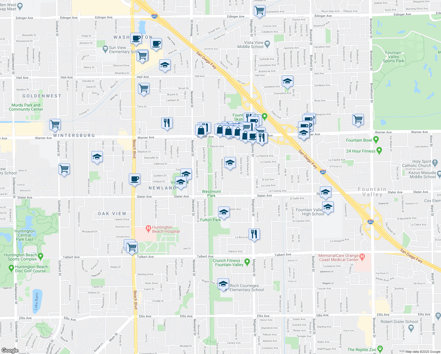 map of restaurants, bars, coffee shops, grocery stores, and more near 17339 Santa Suzanne Street in Fountain Valley