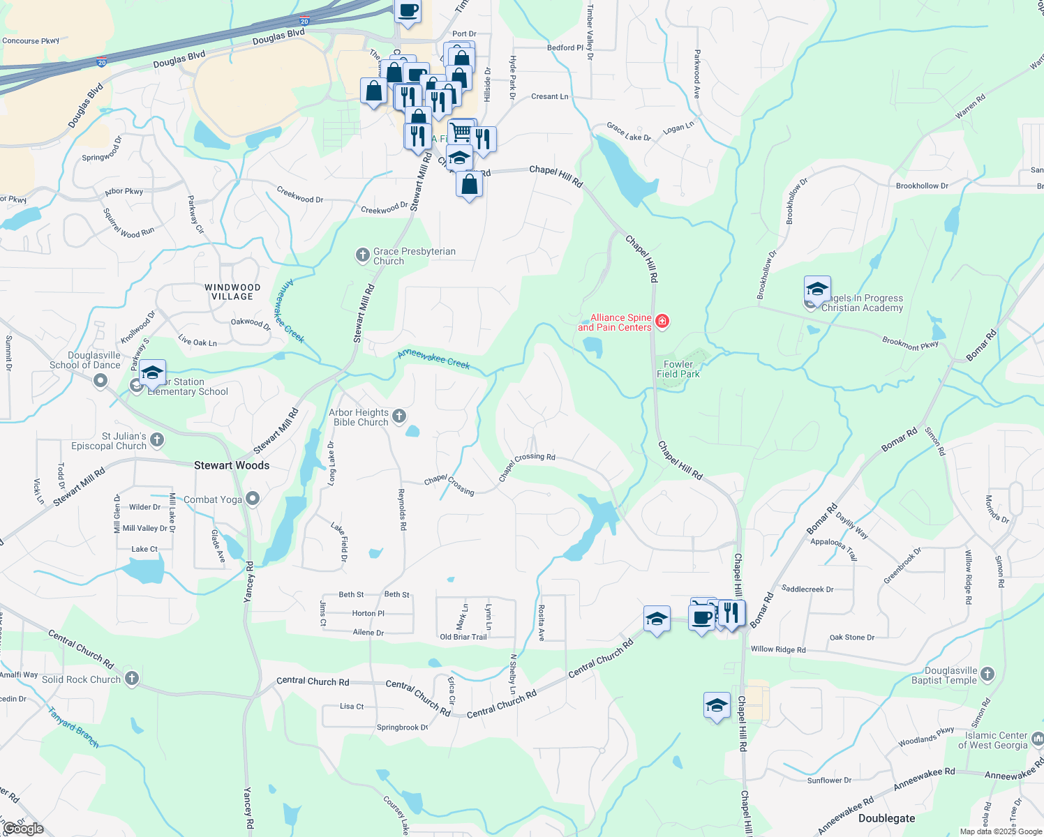 map of restaurants, bars, coffee shops, grocery stores, and more near 3488 Heatherwood Court in Douglasville