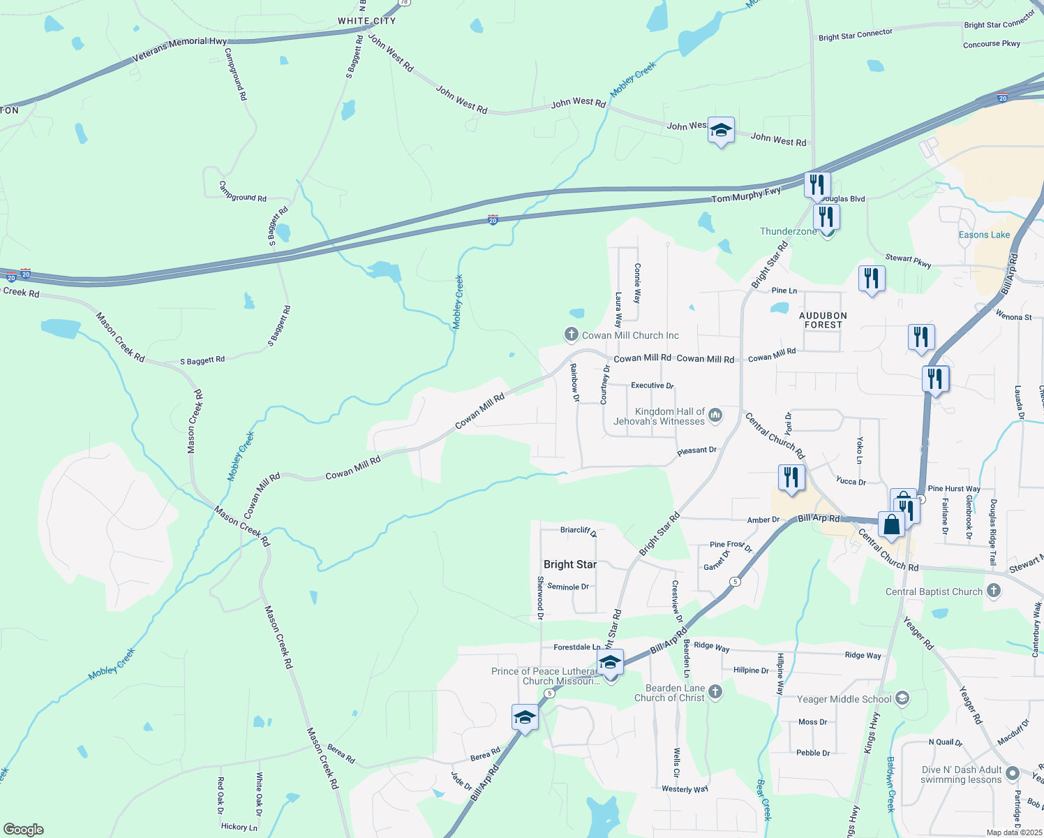 map of restaurants, bars, coffee shops, grocery stores, and more near 6715 Birch Road in Douglas County