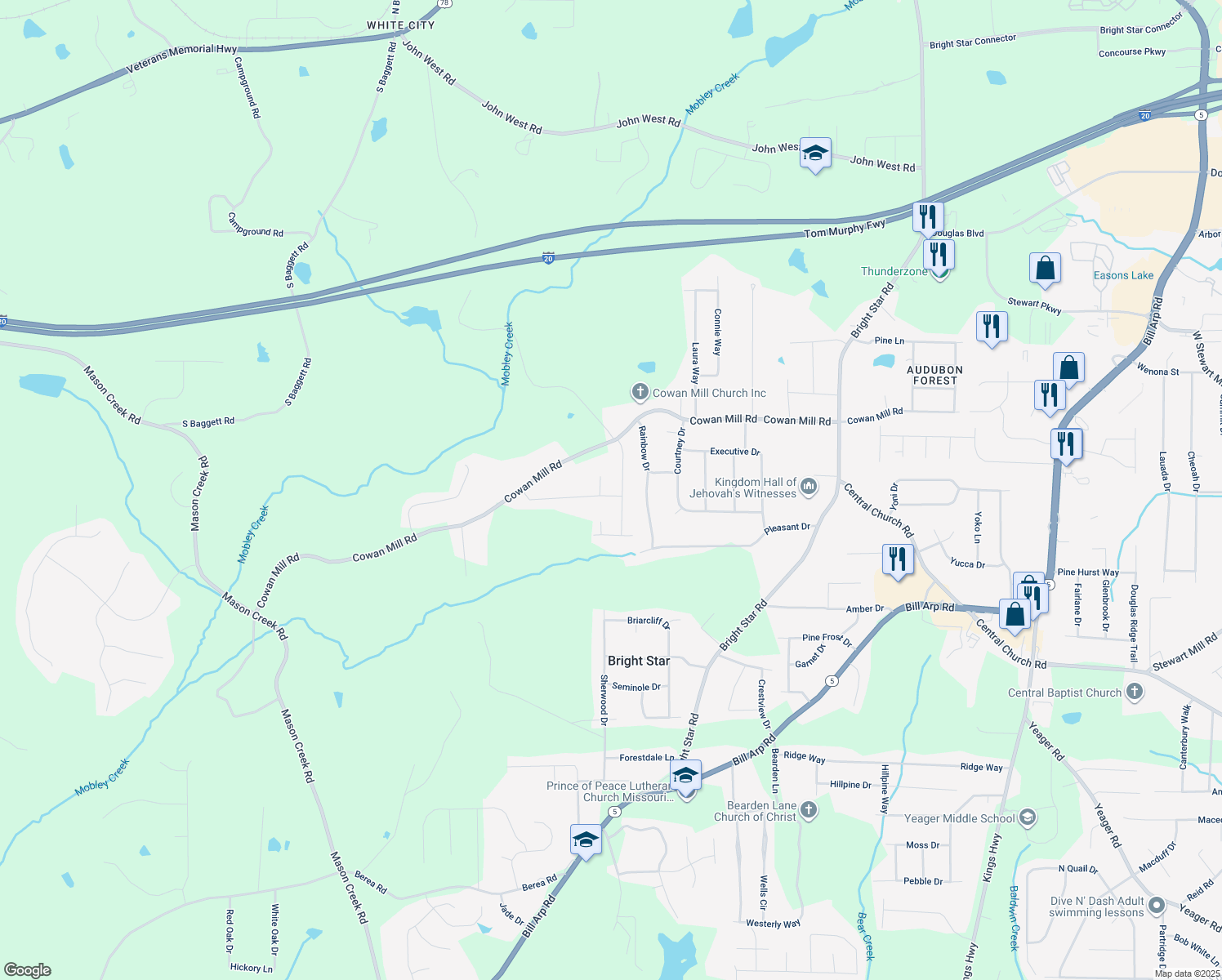 map of restaurants, bars, coffee shops, grocery stores, and more near 6669 Birch Road in Winston