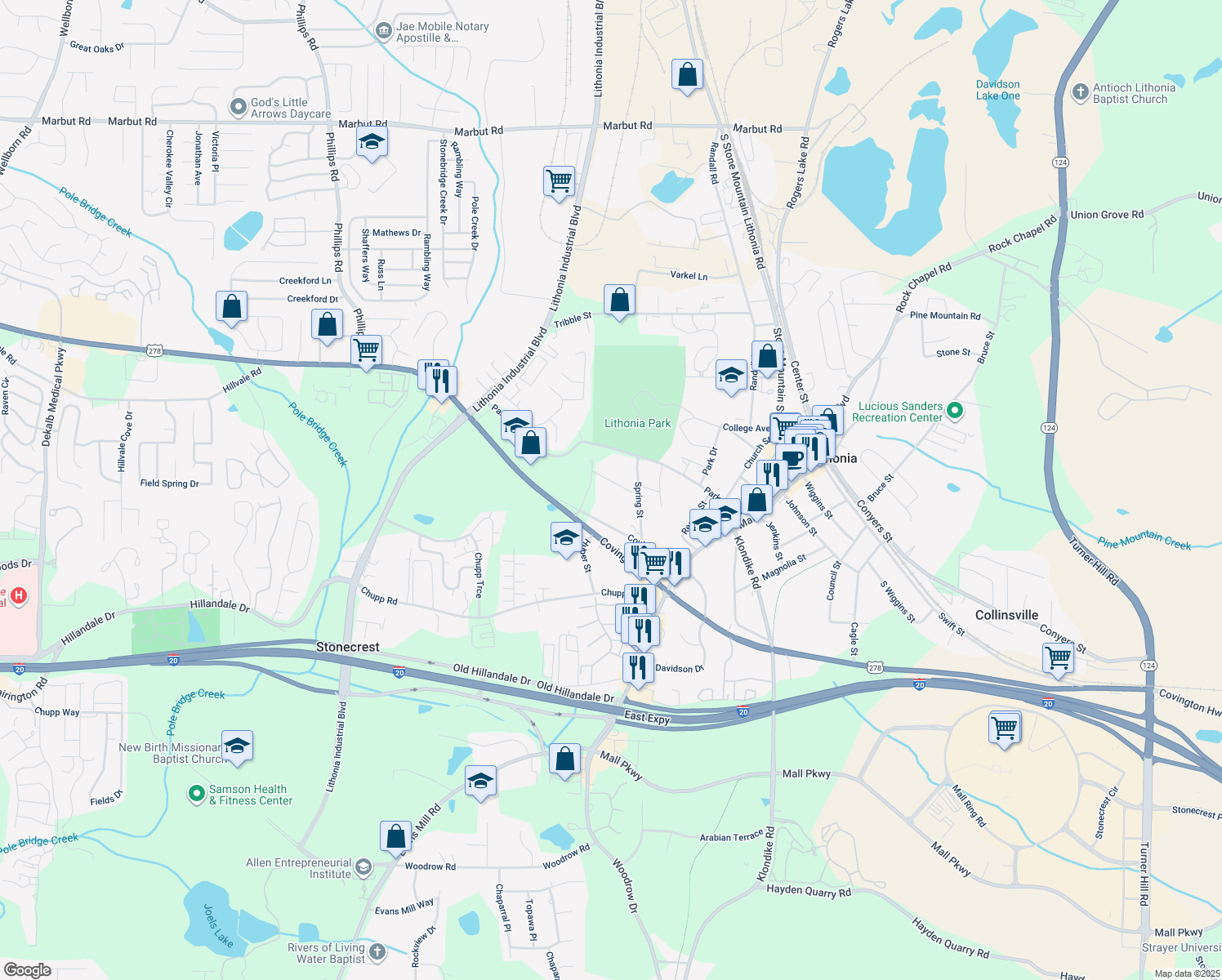 map of restaurants, bars, coffee shops, grocery stores, and more near 6651 Hawes Drive in Lithonia