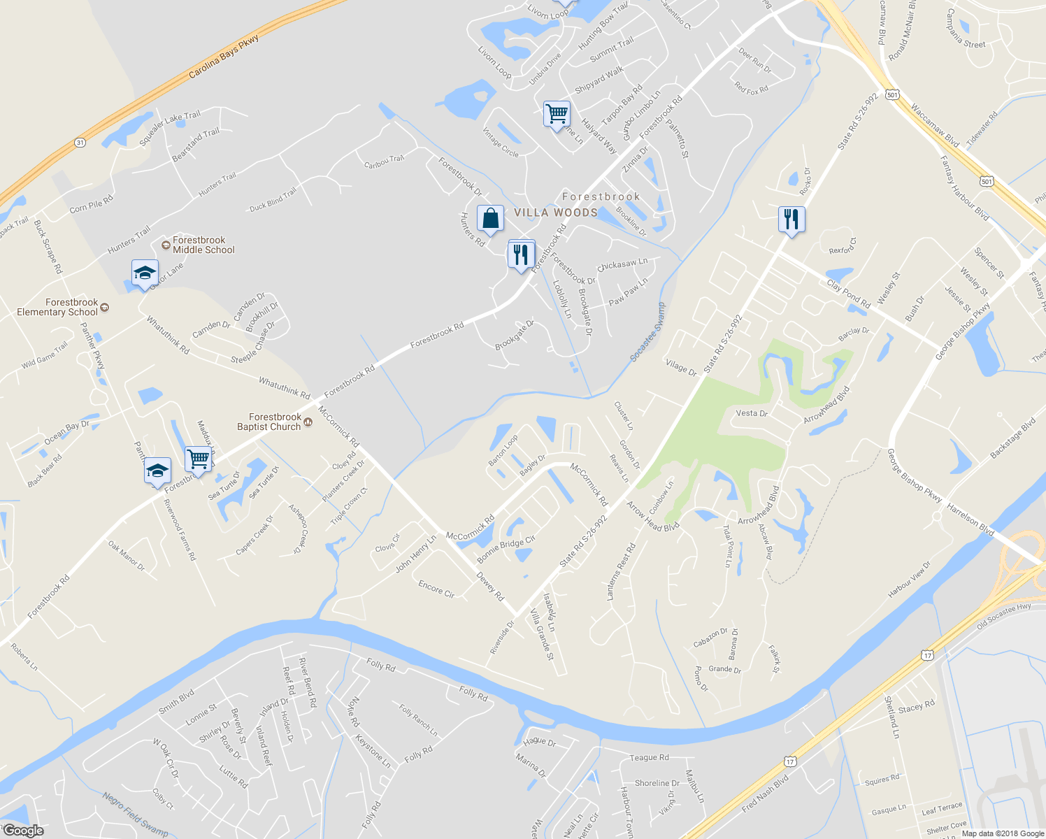 map of restaurants, bars, coffee shops, grocery stores, and more near 433 Barton Loop in Myrtle Beach