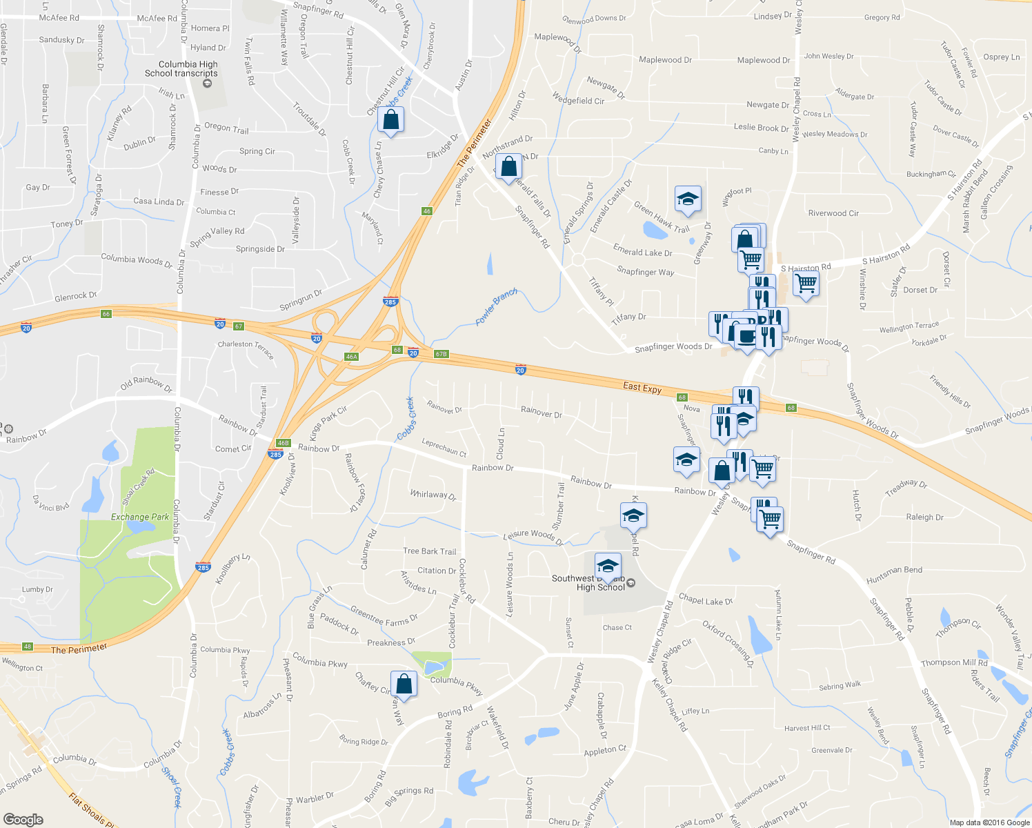 map of restaurants, bars, coffee shops, grocery stores, and more near 3855 Rainover Dr in Decatur