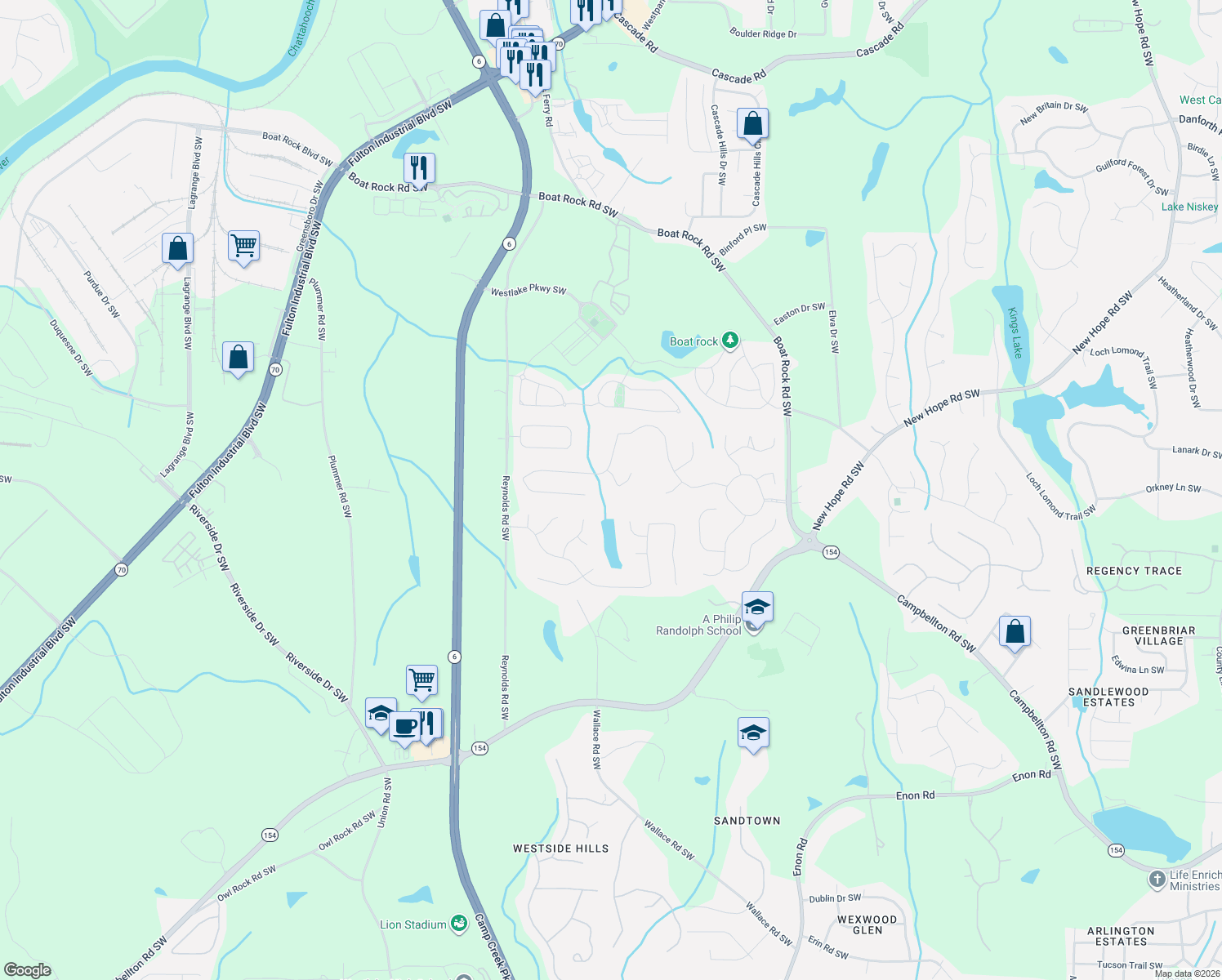 map of restaurants, bars, coffee shops, grocery stores, and more near 725 Maycraft Knoll in Atlanta