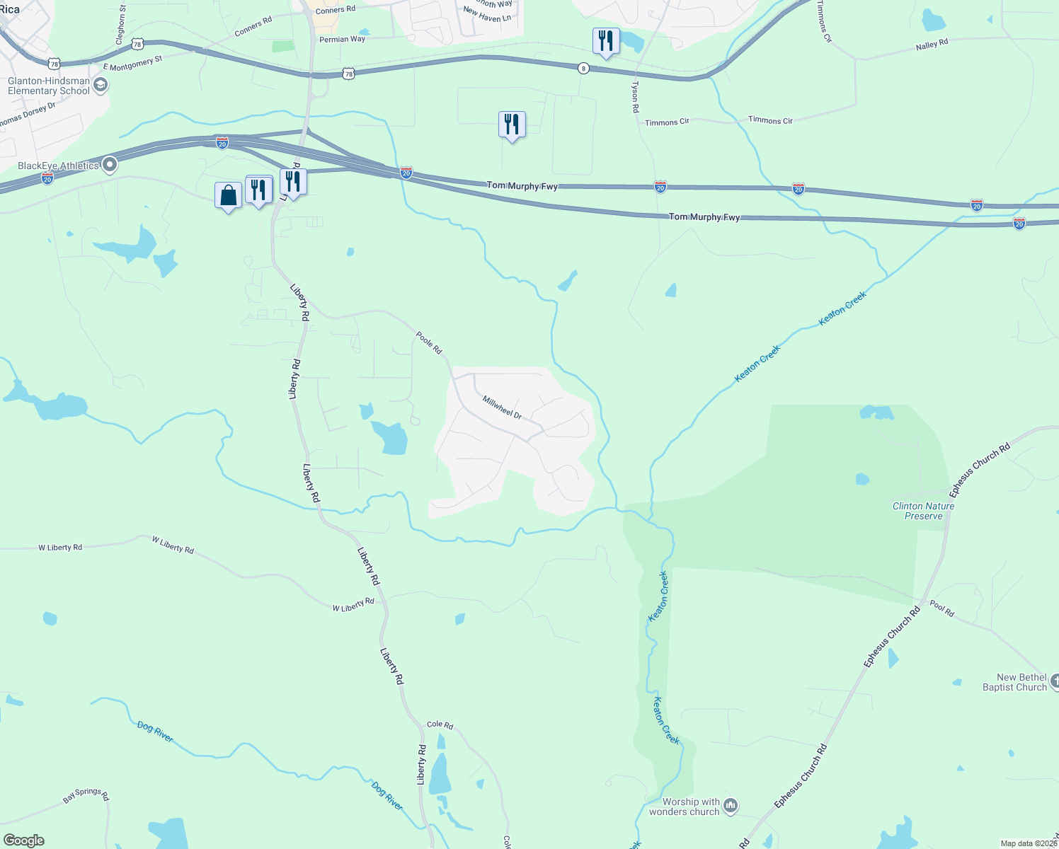 map of restaurants, bars, coffee shops, grocery stores, and more near 174 Millwheel Drive in Villa Rica