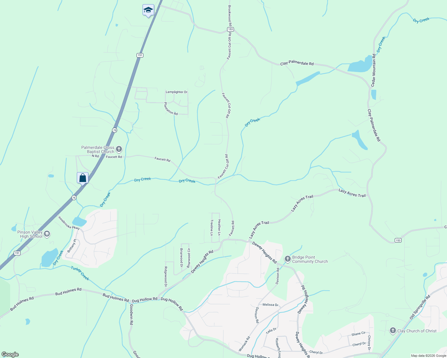 map of restaurants, bars, coffee shops, grocery stores, and more near 5301 Faucett Road in Pinson