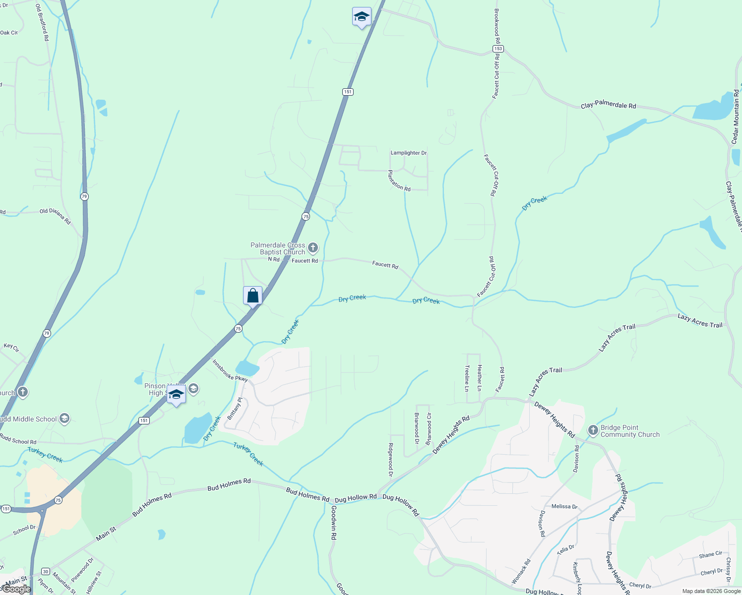 map of restaurants, bars, coffee shops, grocery stores, and more near 5120 Faucett Road in Pinson