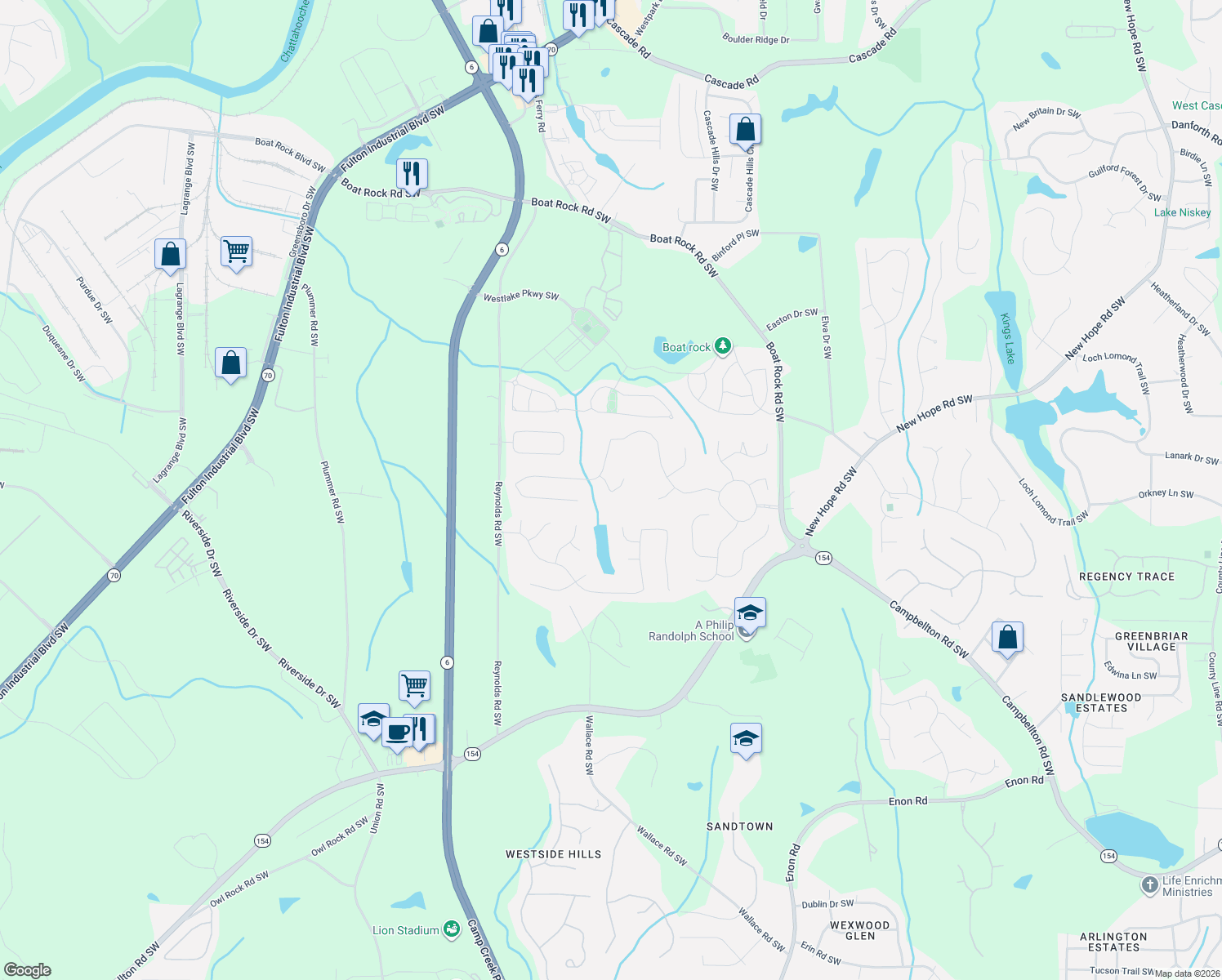 map of restaurants, bars, coffee shops, grocery stores, and more near 725 Maycraft Knoll in Atlanta