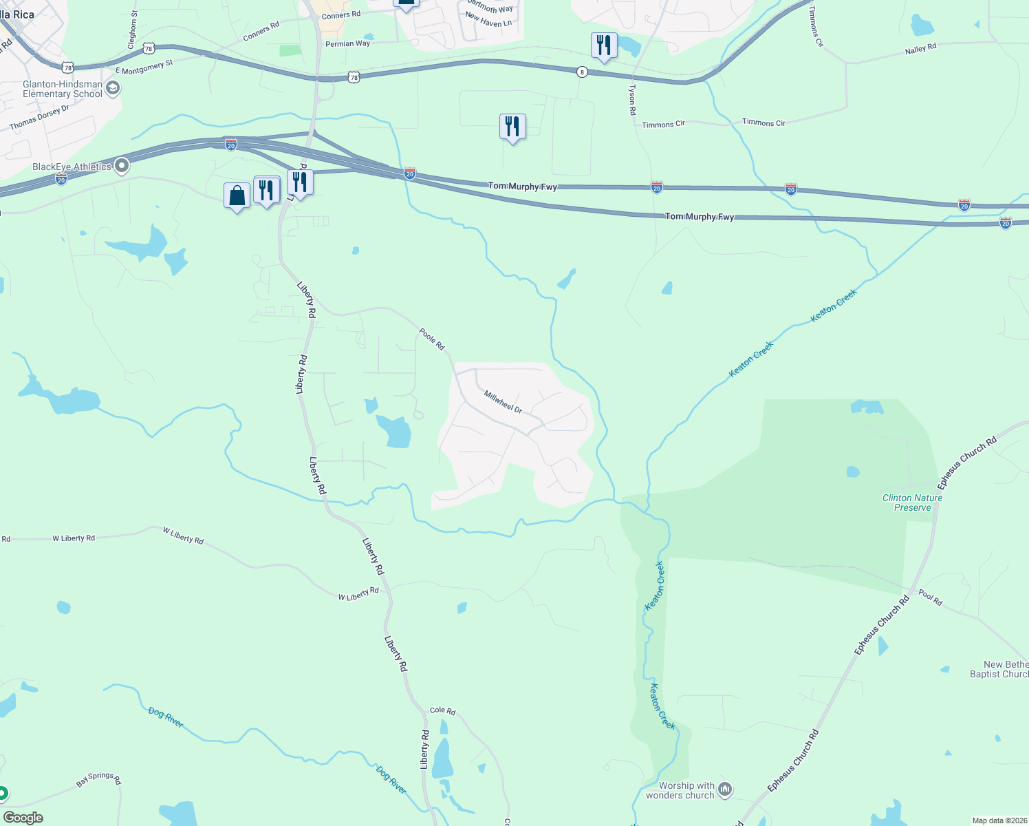 map of restaurants, bars, coffee shops, grocery stores, and more near 154 Millwheel Drive in Villa Rica
